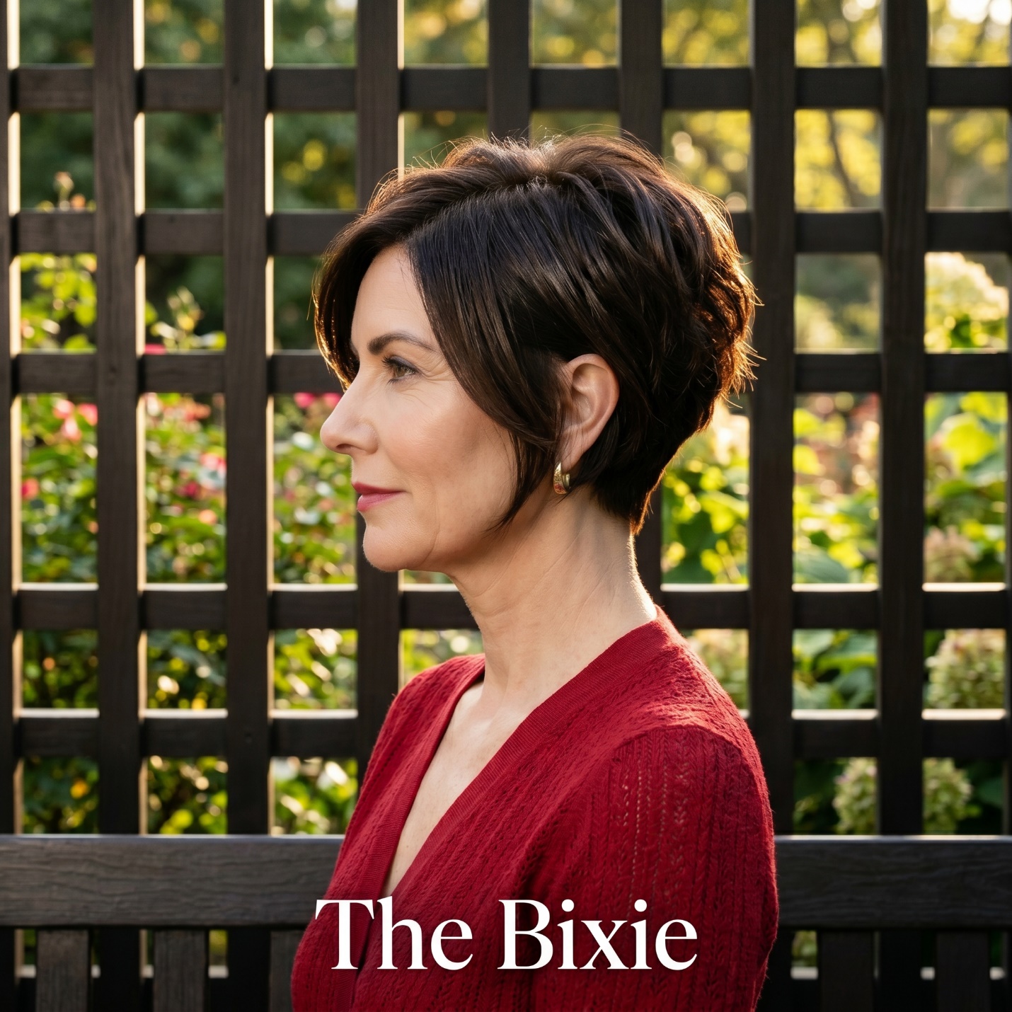 Side-profile portrait of a woman with The Bixie haircut and deep espresso color in Carl Schurz Park.