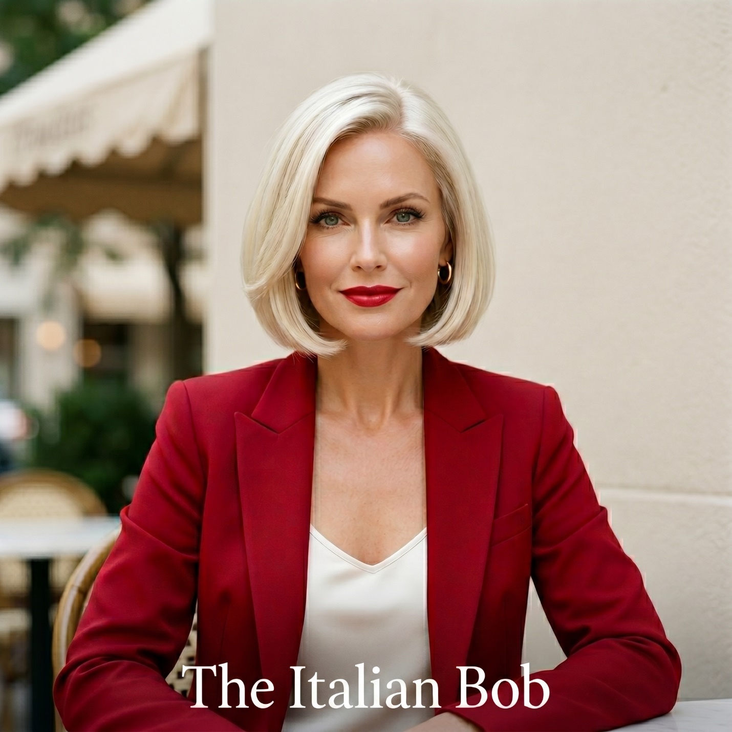 Portrait of a woman with The Italian Bob haircut, platinum blonde color, and red blazer in Yorkville.