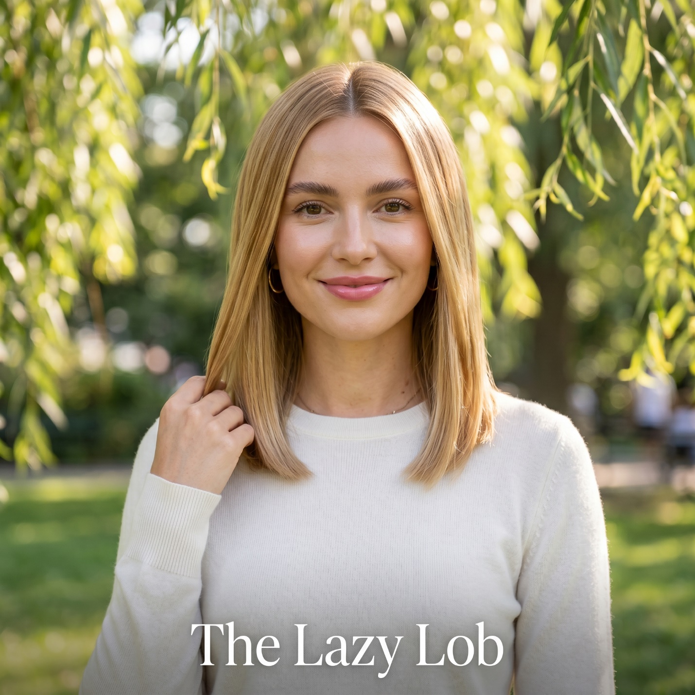 Portrait of a woman with The Lazy Lob haircut, glossy honey-blonde color, and collarbone-length shape.