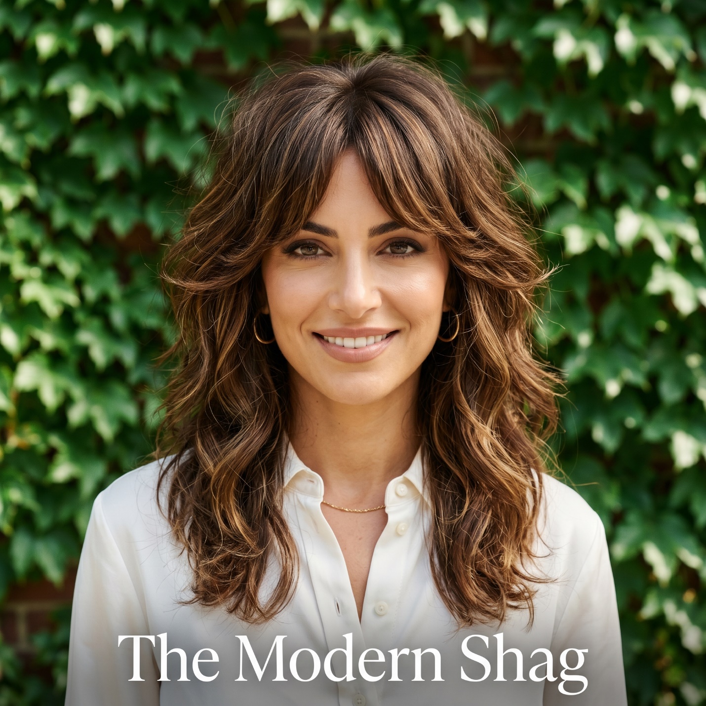 Portrait of a woman with The Modern Shag haircut in front of green ivy in Yorkville.