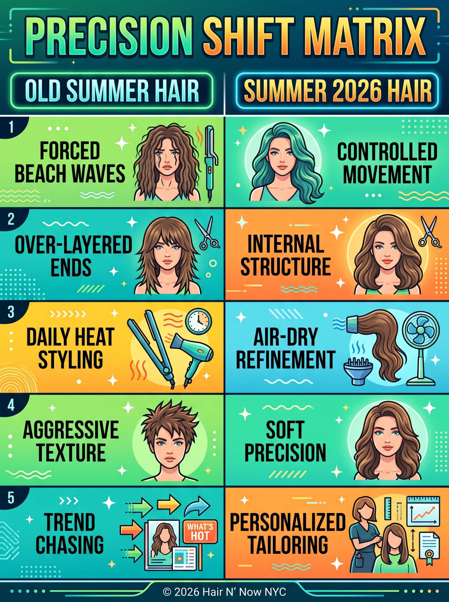 Precision Shift Matrix infographic comparing old summer hair problems with Summer 2026 controlled haircut structure.
