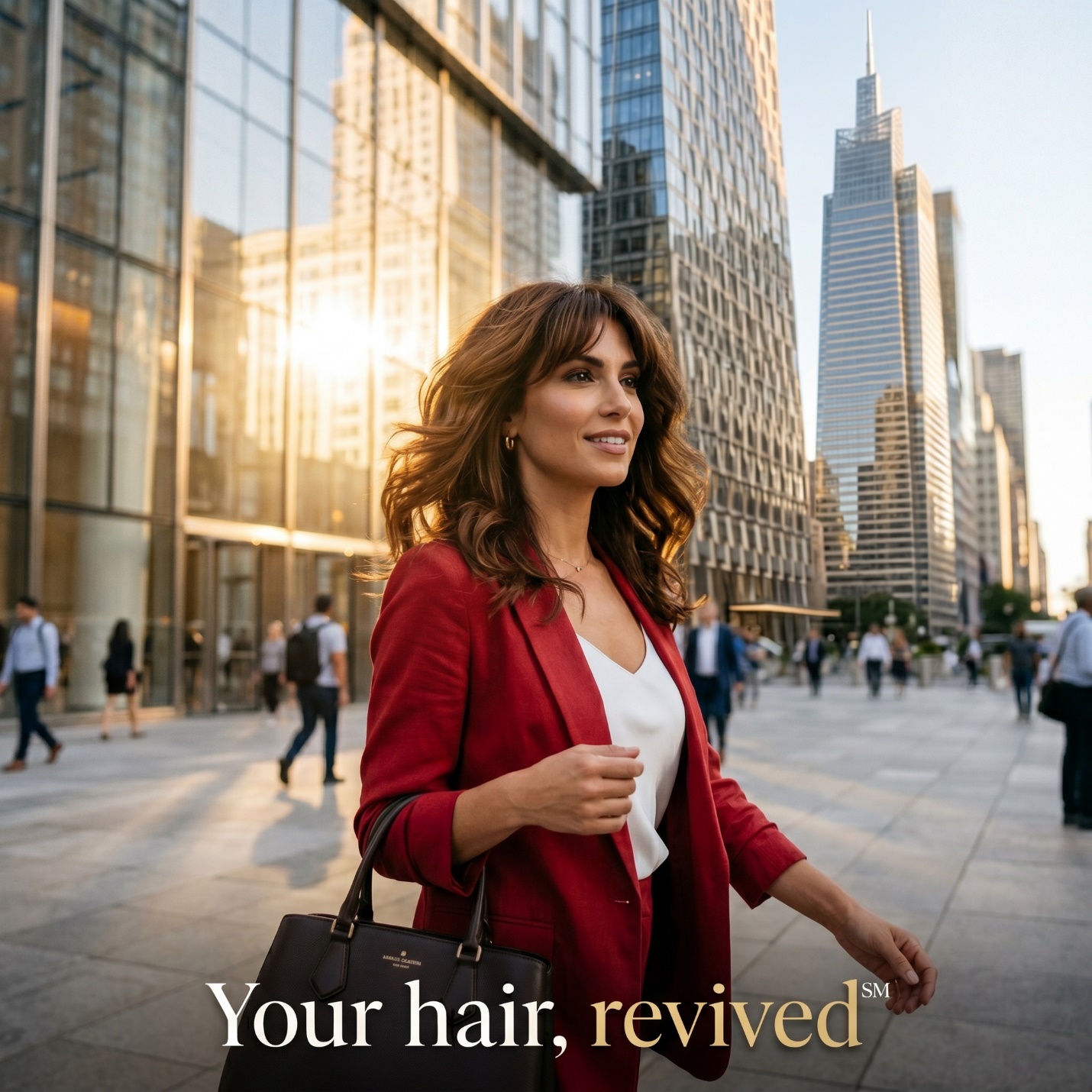 Woman walking near One Vanderbilt with a Modern Shag haircut and the Your Hair Revived caption.
