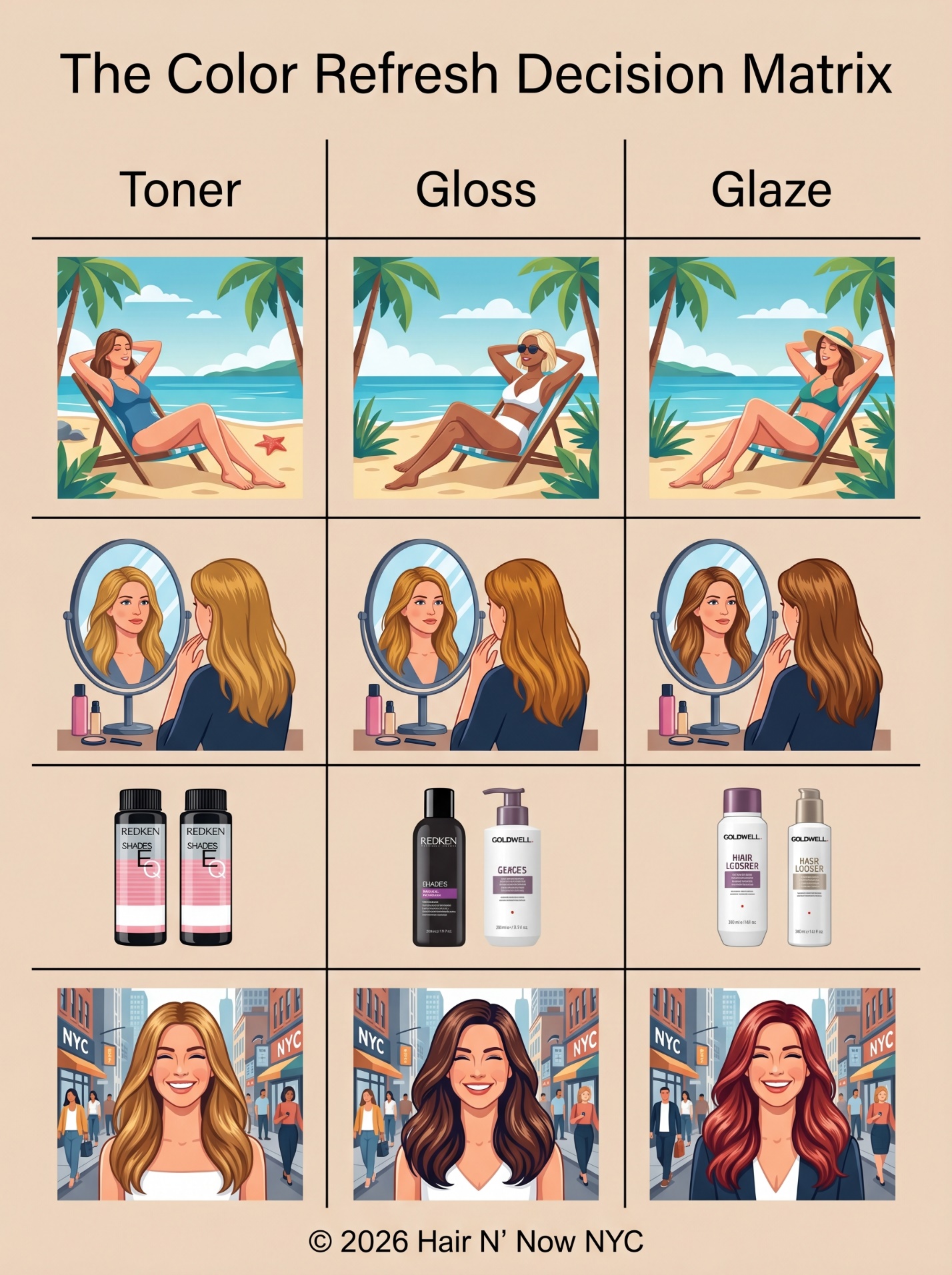 The Color Refresh Decision Matrix infographic comparing toner, gloss, and glaze choices.