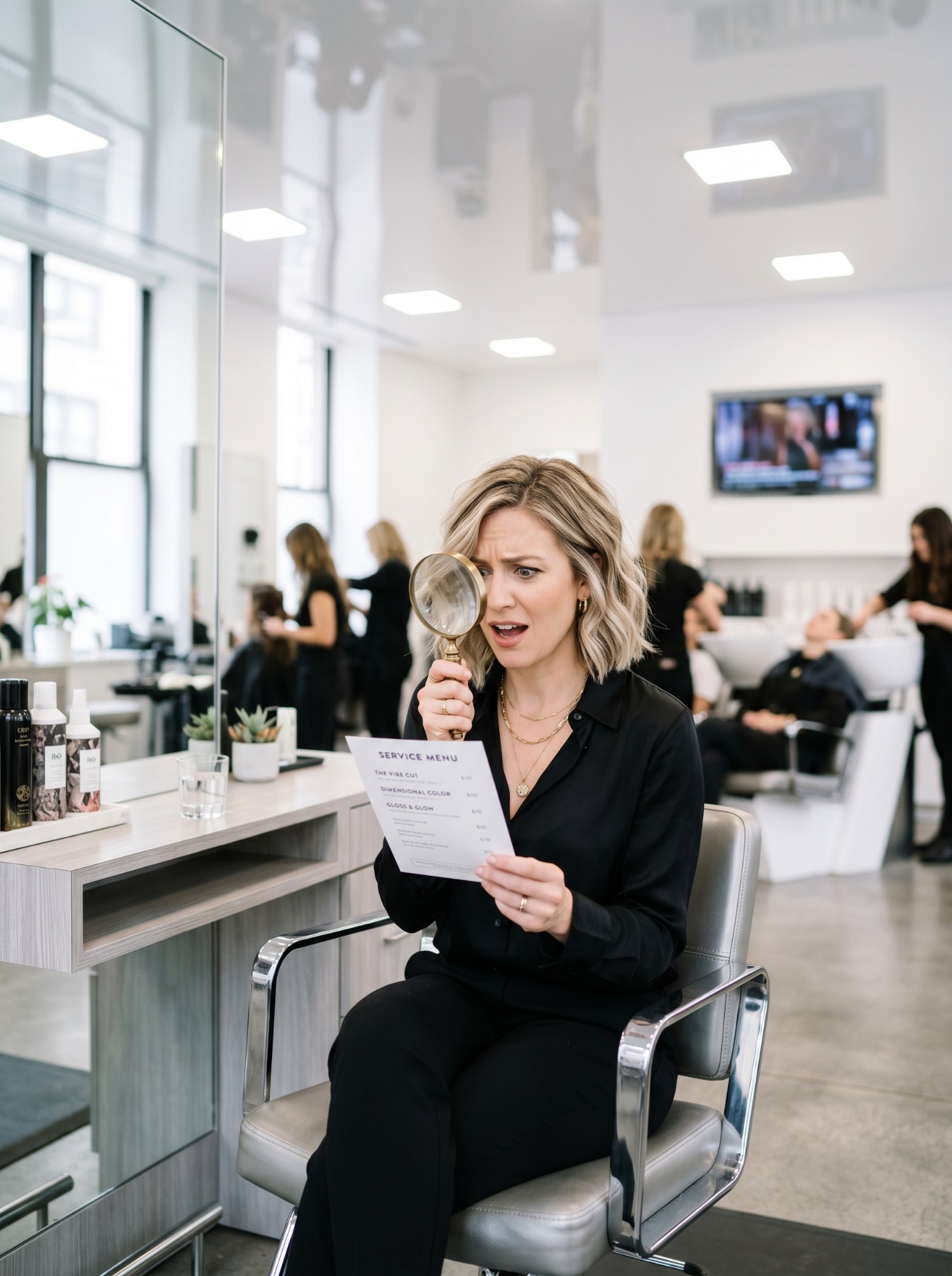 Woman in a salon chair holding papers during a toner, gloss, or glaze consultation.
