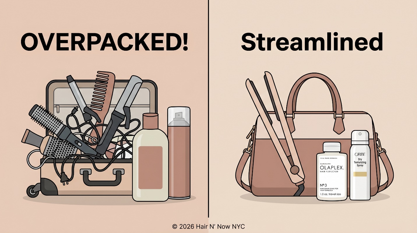 Split-screen vacation hair packing infographic comparing an overpacked suitcase with a streamlined carry-on.