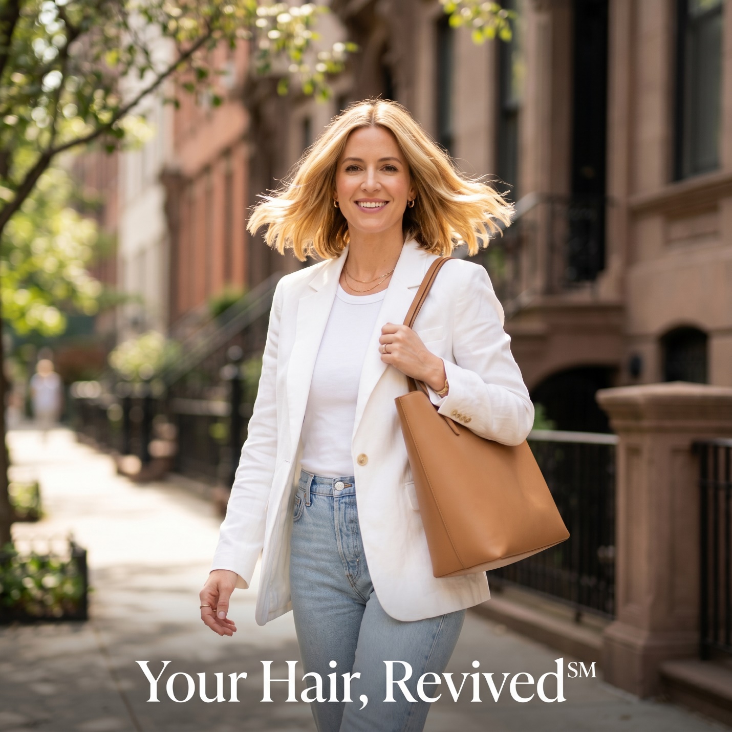 Woman walking through Yorkville with low-maintenance vacation hair, white outfit, travel tote, and Your Hair Revived caption.