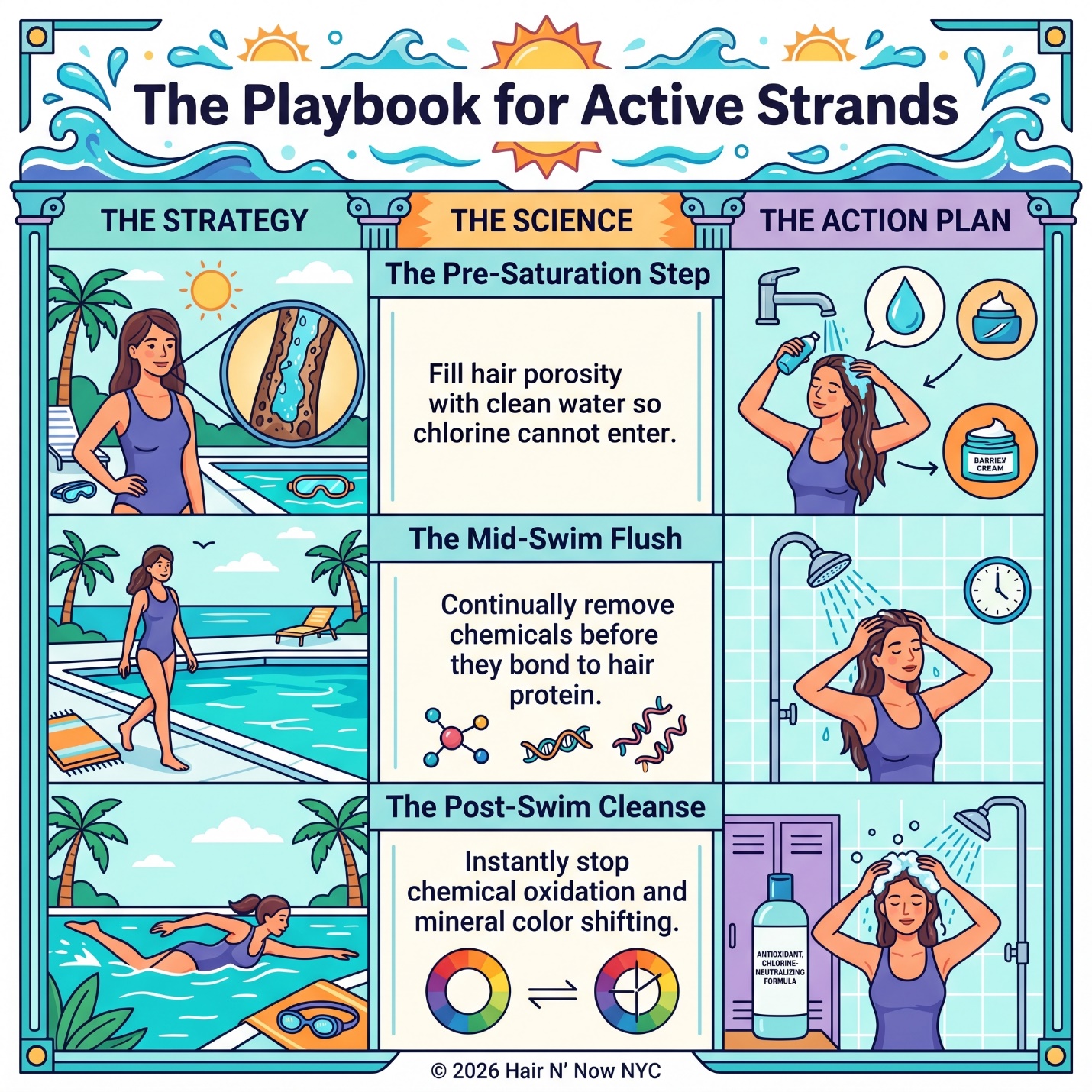 Playbook for Active Strands infographic showing pre-saturation, mid-swim flushing, and extension shielding for chlorine hair protection.