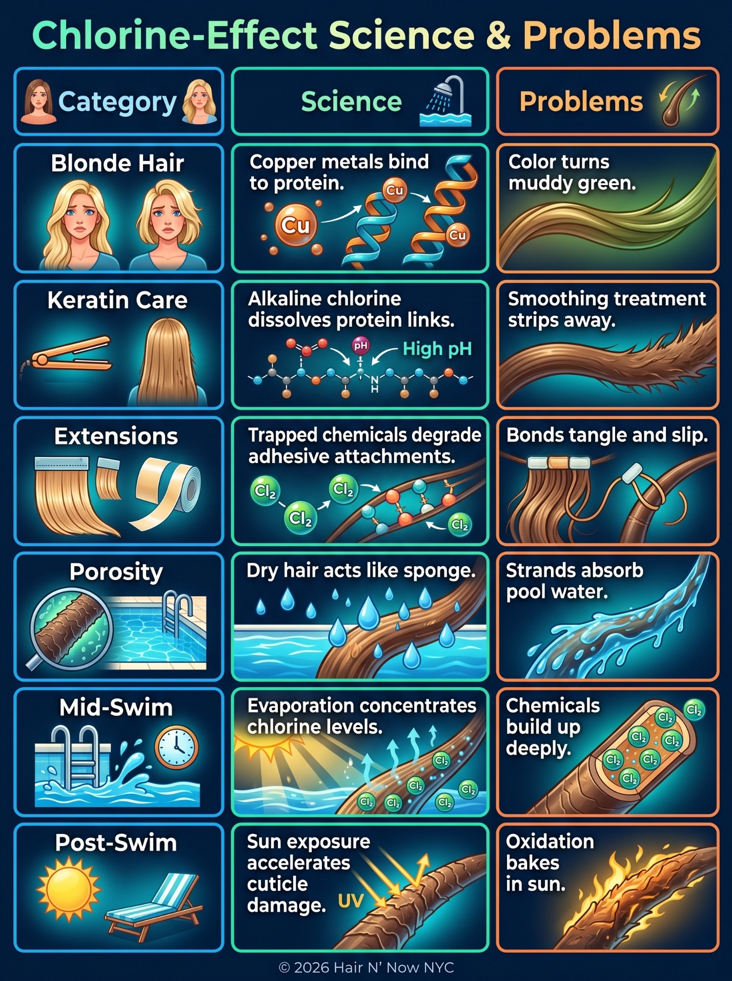 Chlorine-effect science and problems infographic explaining color damage, keratin breakdown, extension bond risk, scalp irritation, and porosity.