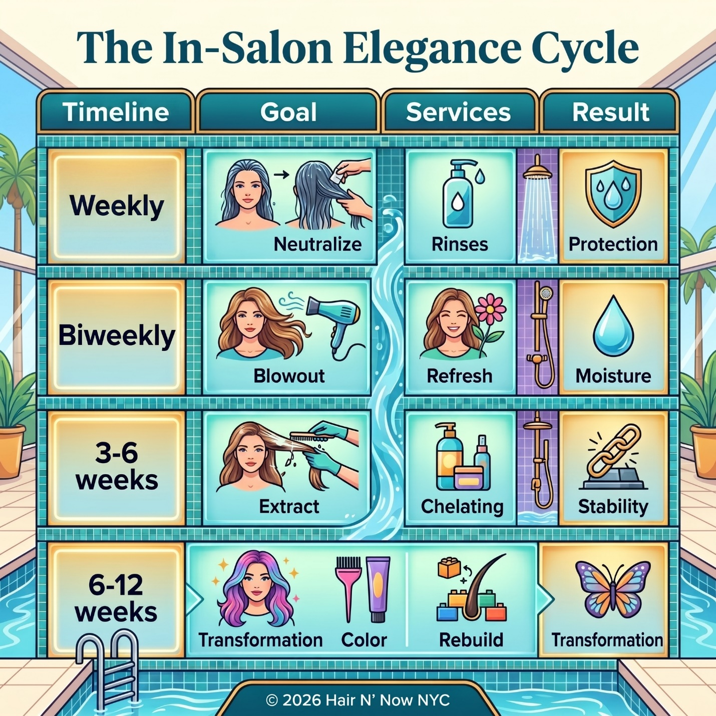 In-Salon Elegance Cycle infographic for pool hair treatment timelines from weekly antioxidant rinses to 6-to-12-week transformative services.