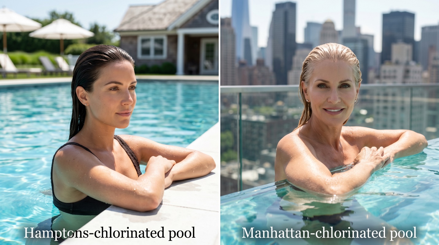 Side-by-side luxury pool hero image showing Hamptons chlorinated pool hair exposure and Manhattan rooftop chlorinated pool hair exposure.
