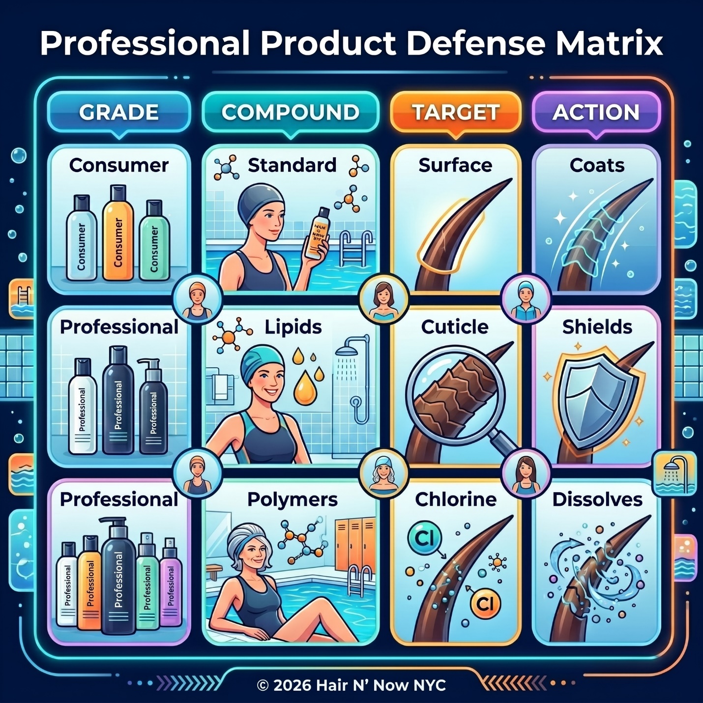 Professional Product Defense Matrix infographic comparing consumer and professional formulas for chlorine protection, cuticle shields, and color defense.