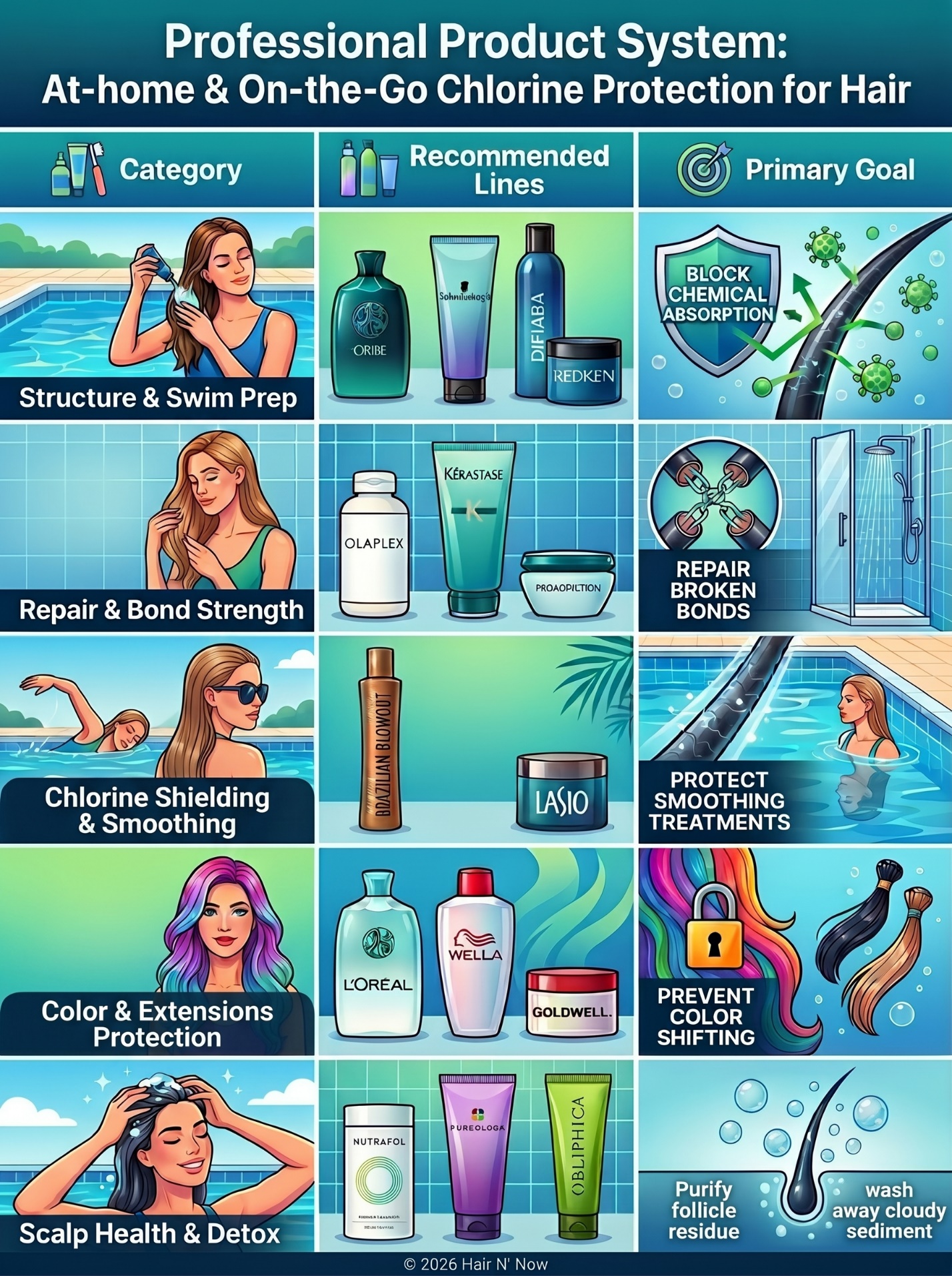 Professional product system infographic for at-home and on-the-go chlorine protection covering structure, repair, smoothing, color, extensions, and scalp health.