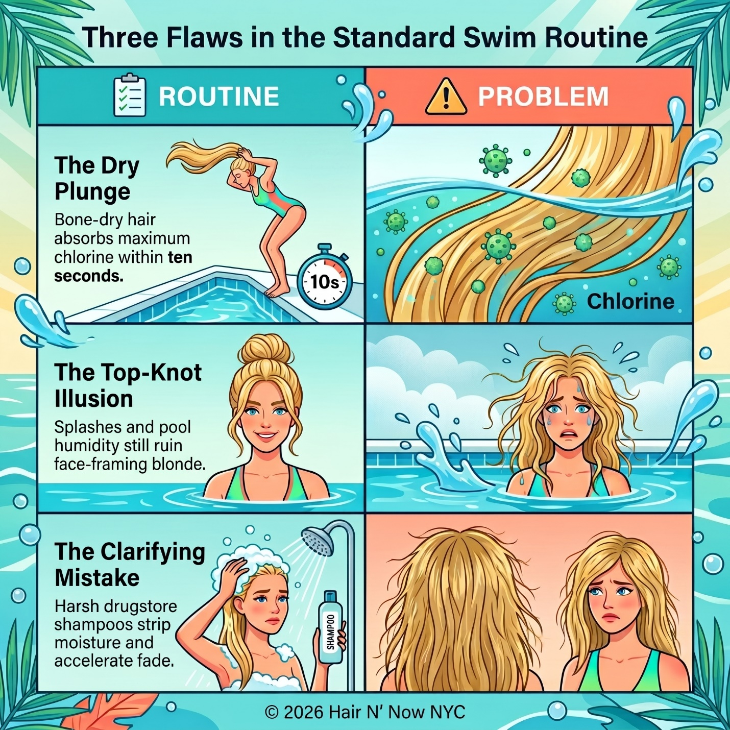Three Flaws in the Standard Swim Routine infographic covering dry plunge, top-knot illusion, and clarifying mistake.