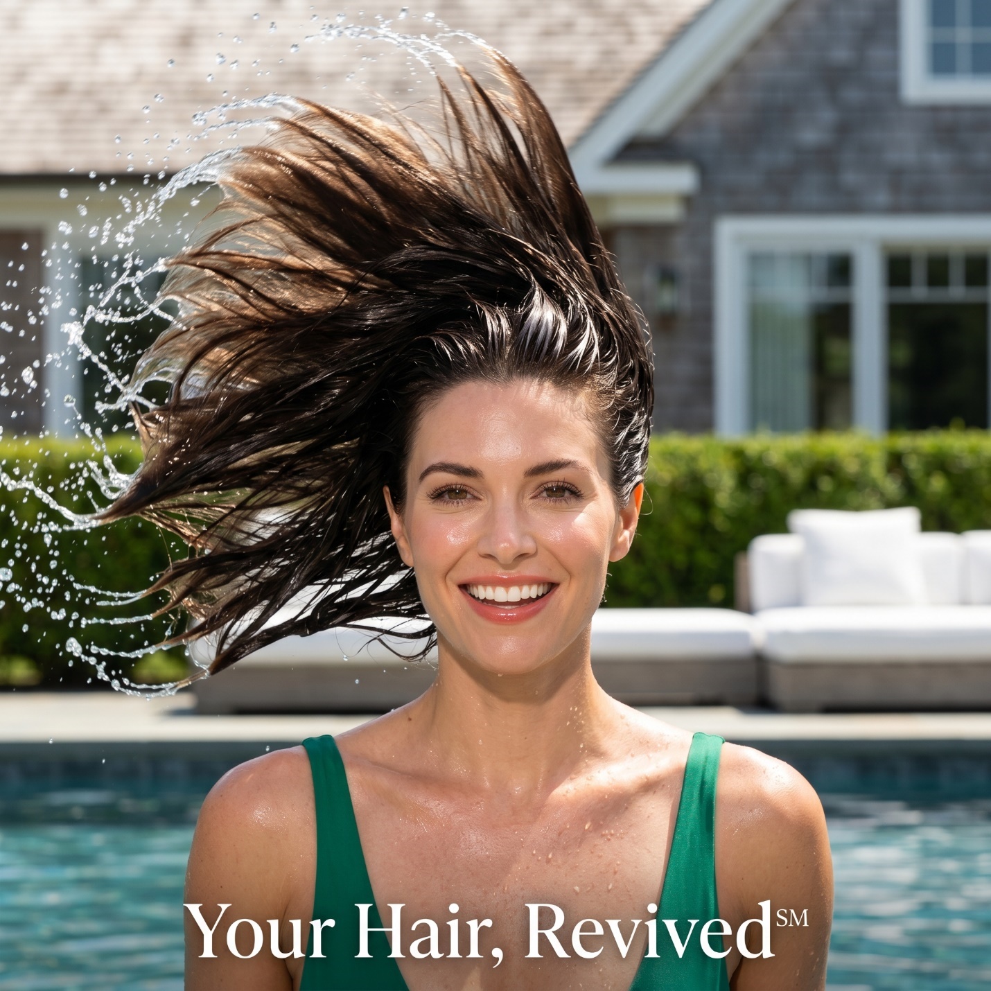 Woman emerging from a luxury Hamptons pool with glossy wet brunette hair and the Your Hair Revived caption.