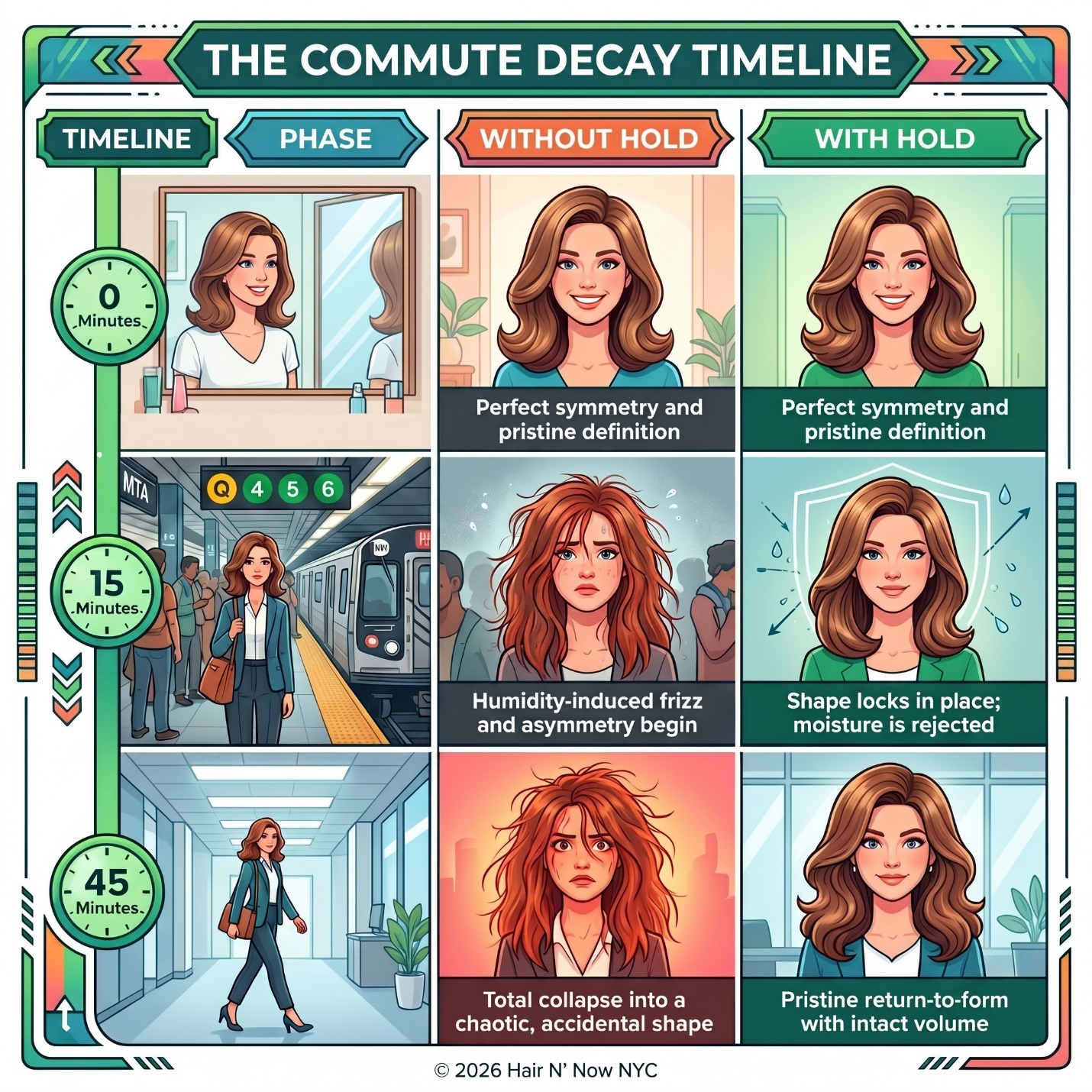 Commute decay timeline infographic comparing hair without hold and with hold at 0, 15, and 45 minutes.
