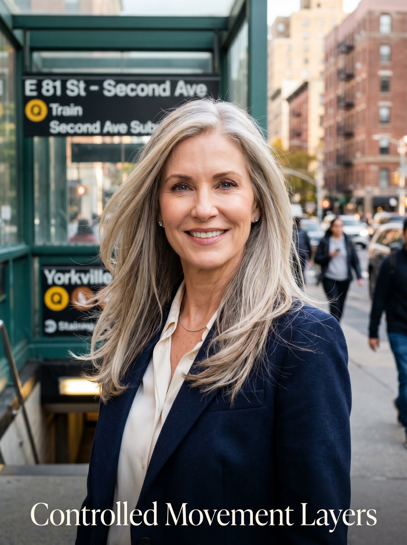 Woman at the East 81st Street and Second Avenue subway entrance with Controlled Movement Layers and soft silver-blonde volume.
