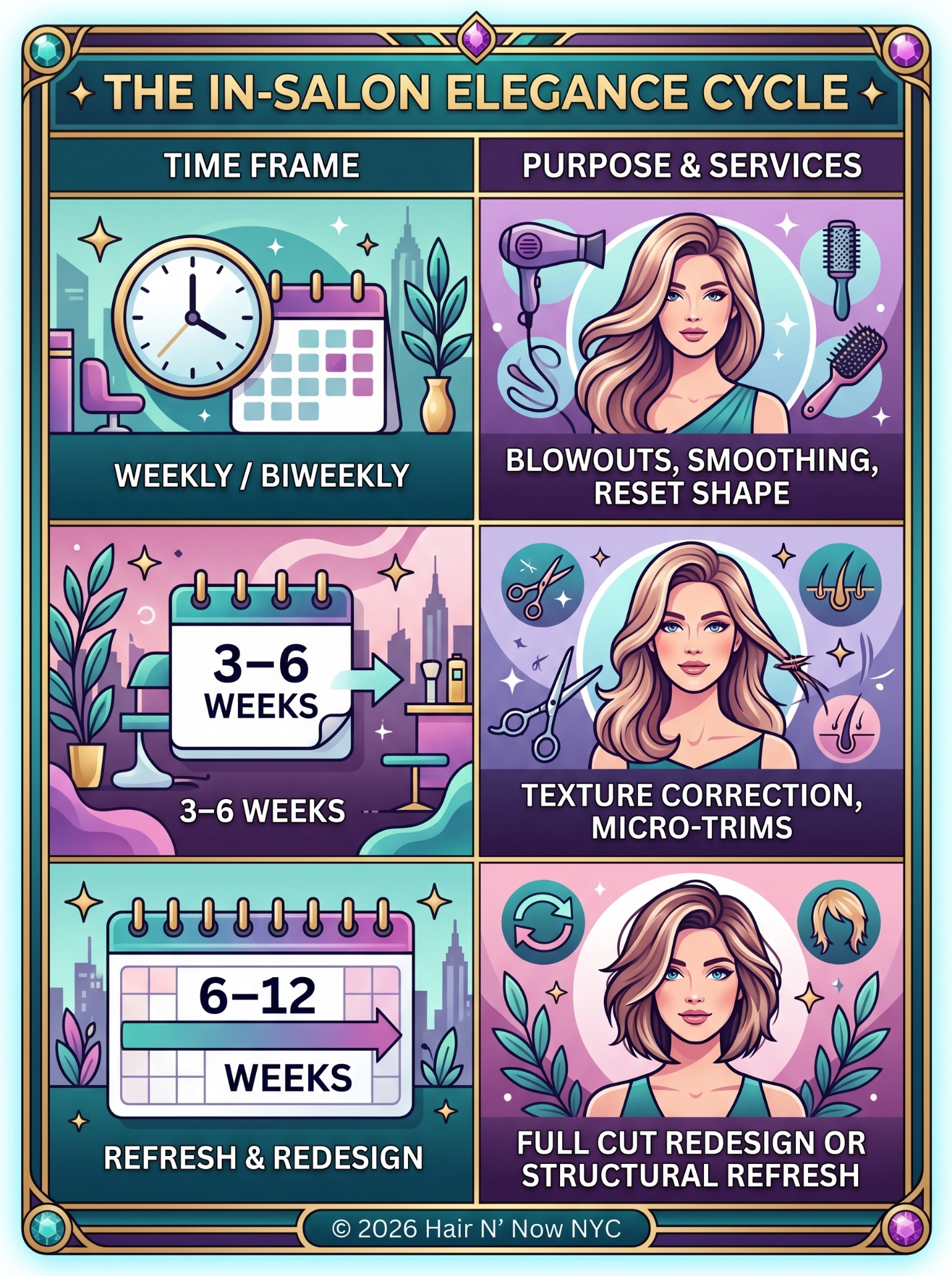 In-salon Elegance Cycle infographic for commute hairstyle maintenance across weekly, 3-to-6-week, and 6-to-12-week services.