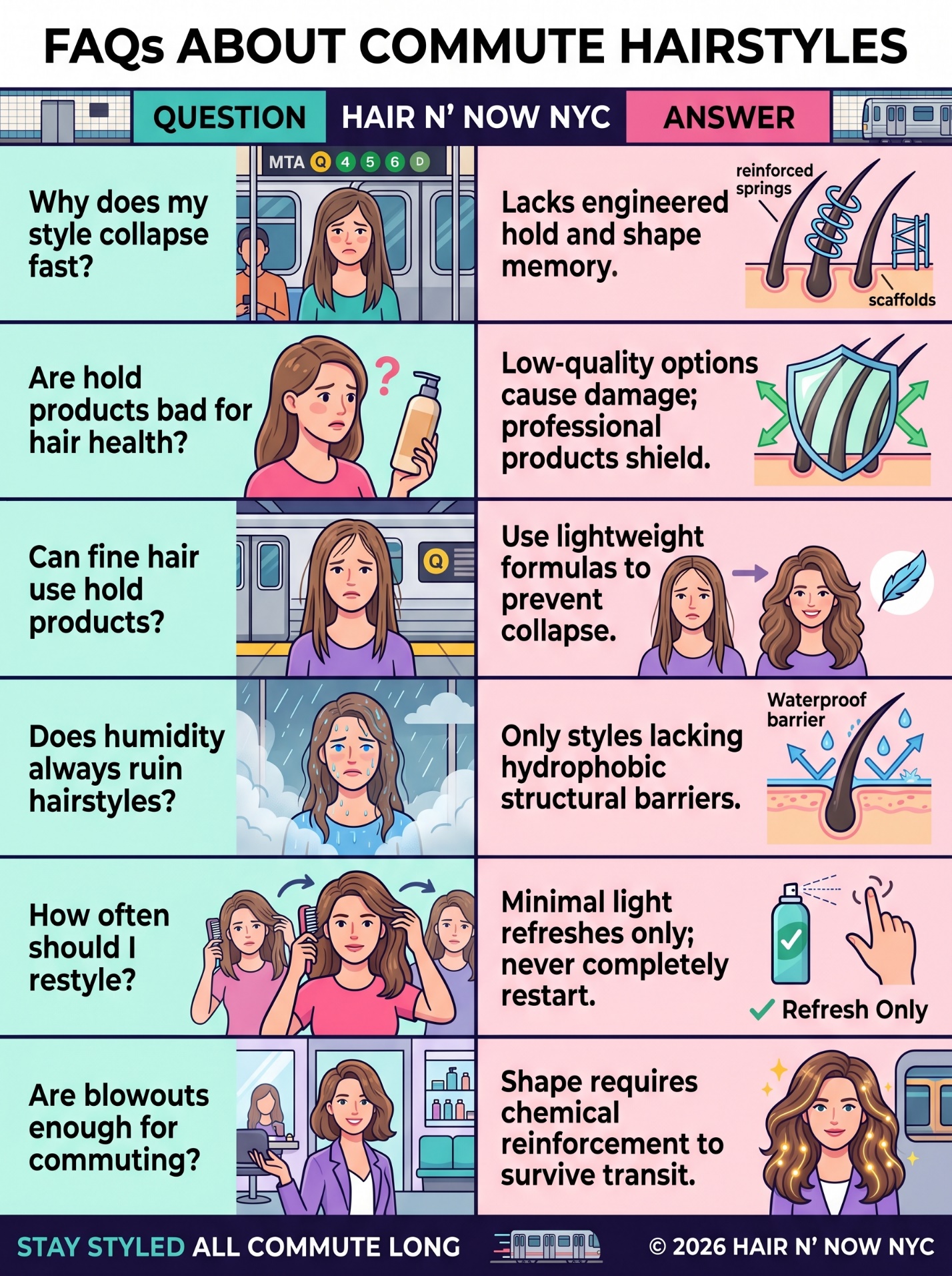 FAQ infographic about commute hairstyles, hold products, fine hair, humidity, restyling, and blowouts.