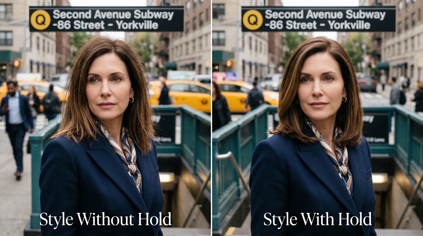 Before-and-after hero image comparing the same Yorkville commuter hairstyle without hold and with hold at the Second Avenue subway entrance.