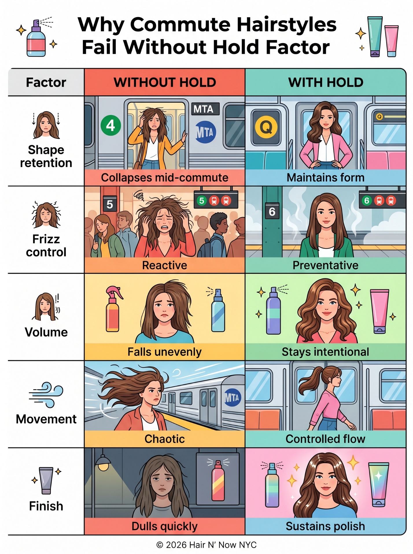 Infographic explaining why commute hairstyles fail without hold across shape retention, frizz control, volume, movement, and finish.