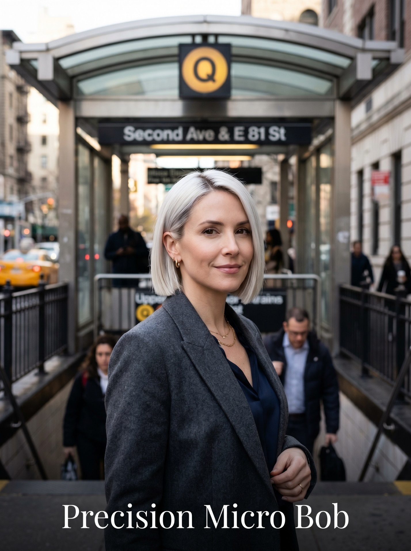 Woman at the Second Avenue subway entrance wearing a Precision Micro Bob with structured hold for a Yorkville commute.