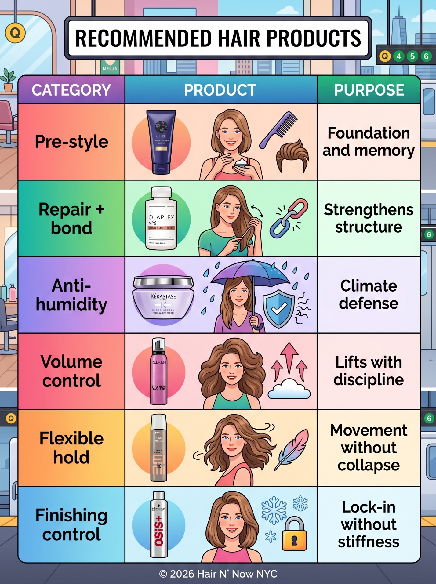 Recommended hair products infographic for commute hairstyle hold, covering pre-style, repair, anti-humidity, volume, flexible hold, and finishing control.