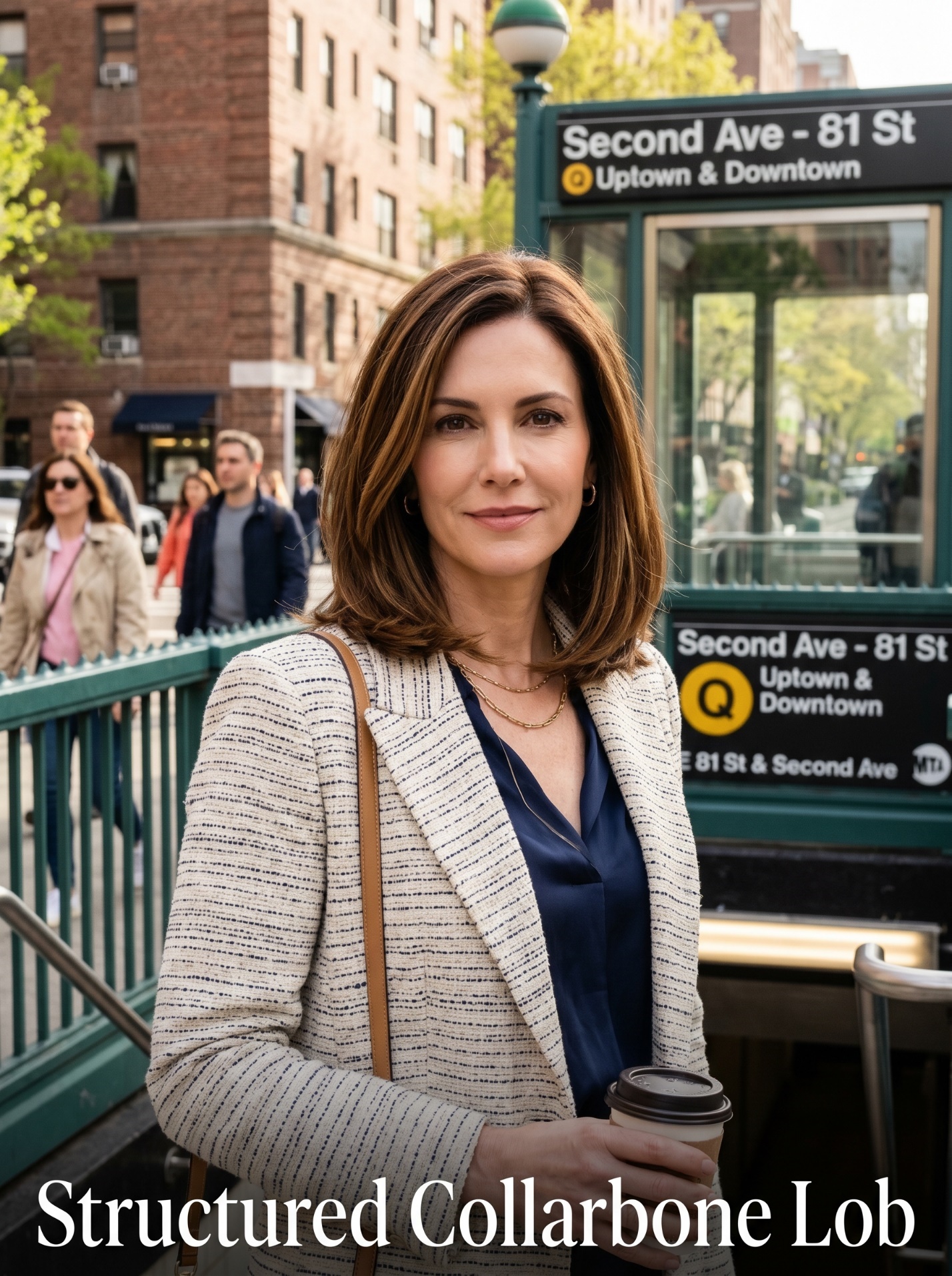 Woman near the Second Avenue subway entrance with a Structured Collarbone Lob and polished commute-ready hold.