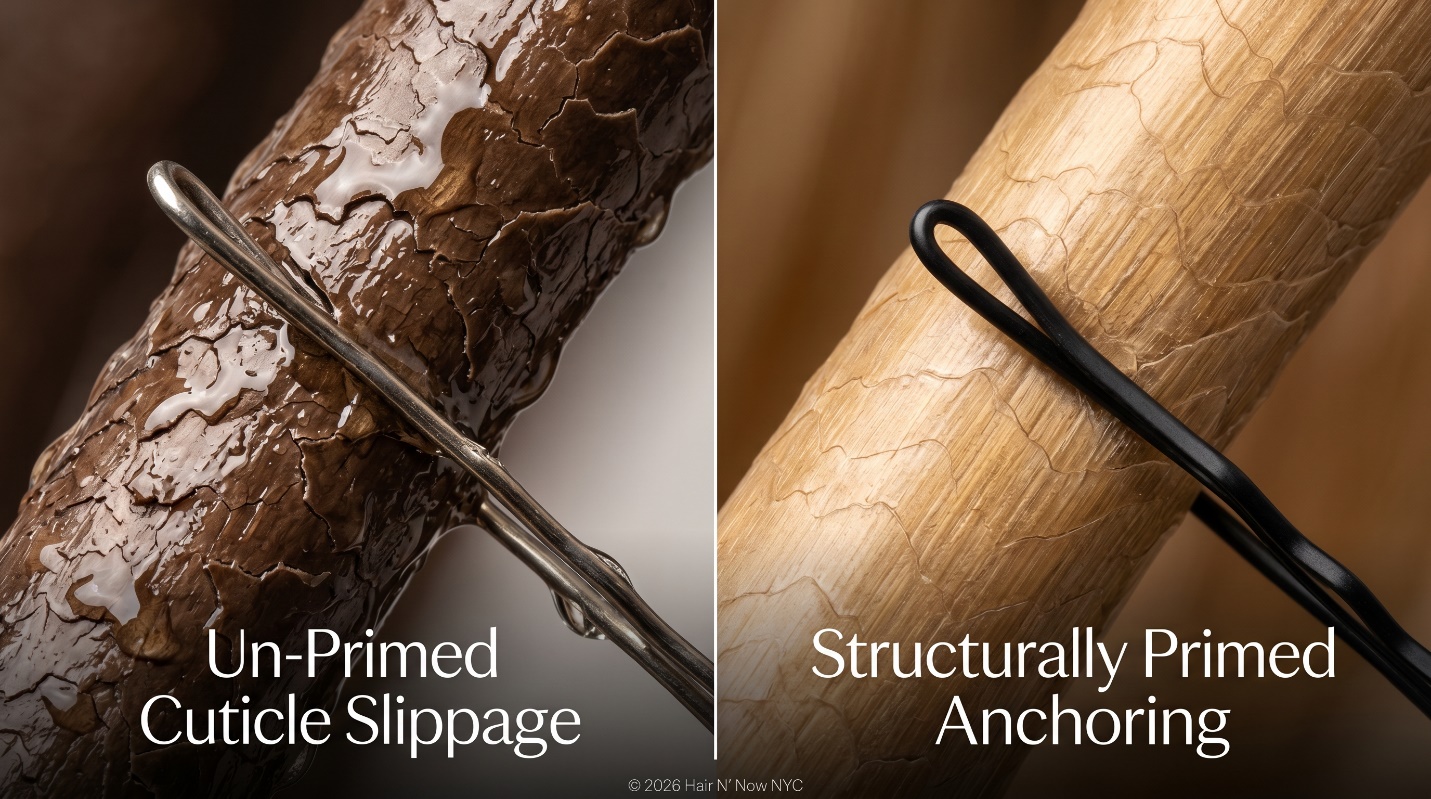 Macro hair science comparison showing un-primed cuticle slippage versus structurally primed anchoring with a bobby pin.