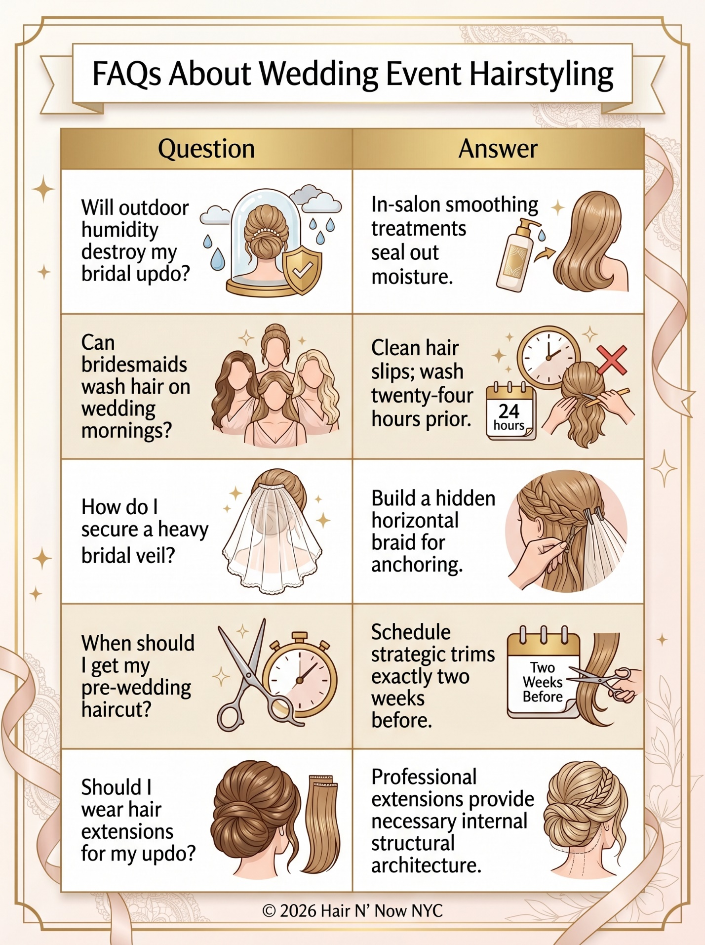 FAQ infographic about wedding event hairstyling, humidity, bridesmaids, veils, pre-wedding haircuts, and extensions.