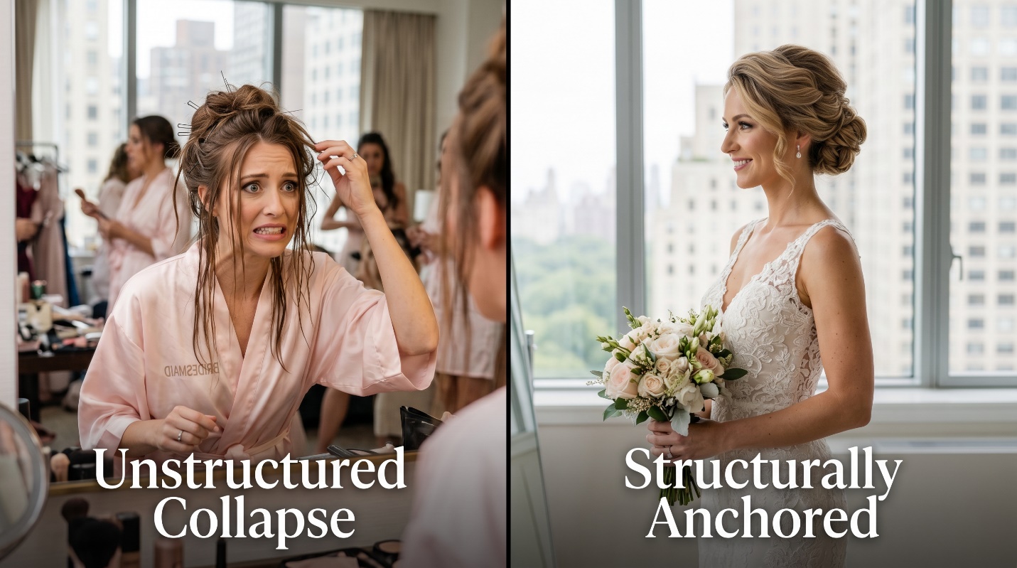 Side-by-side bridal party comparison showing unstructured event-hair collapse and structurally anchored wedding hair.