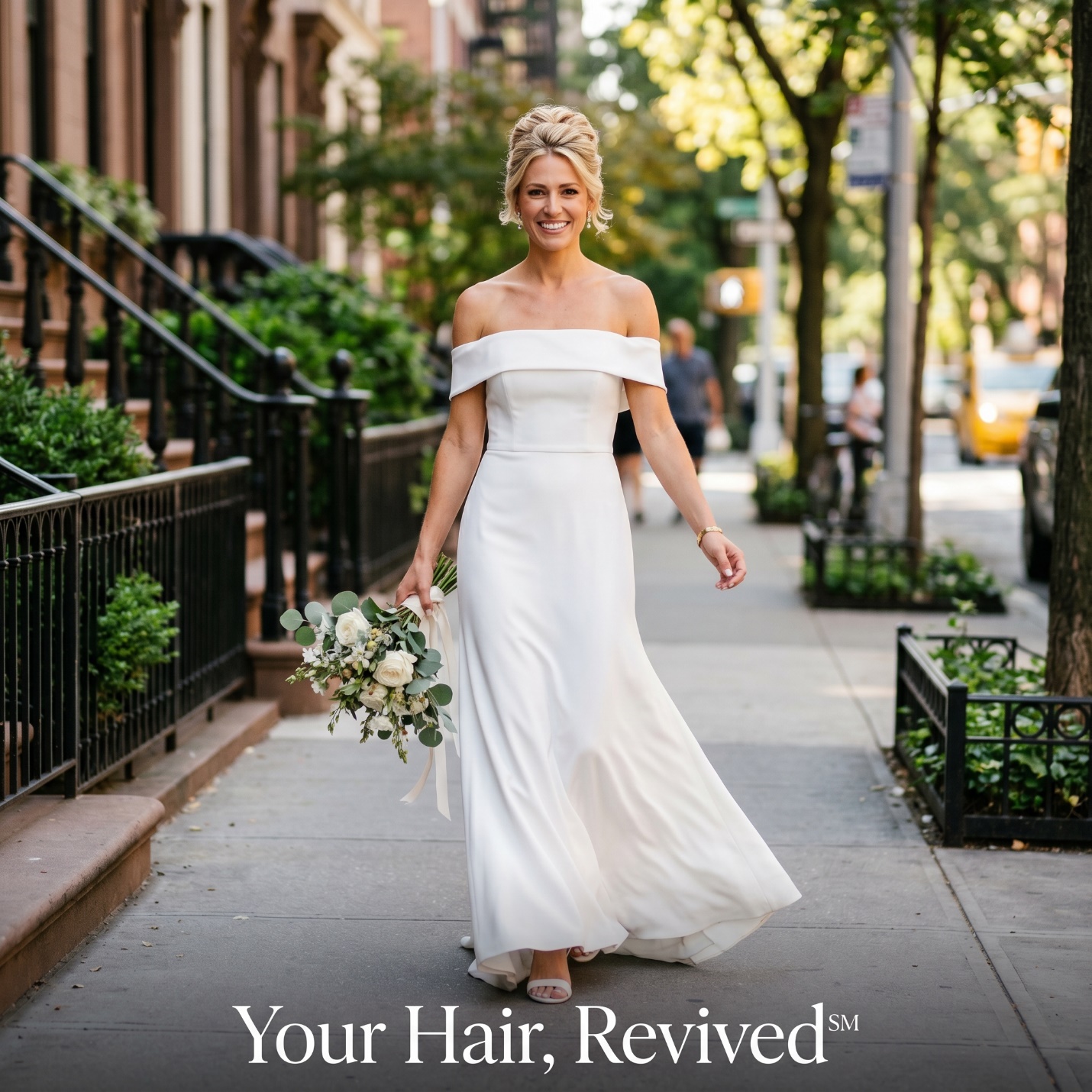 Bride walking through Yorkville with polished event hair, white gown, bouquet, and Your Hair Revived caption.