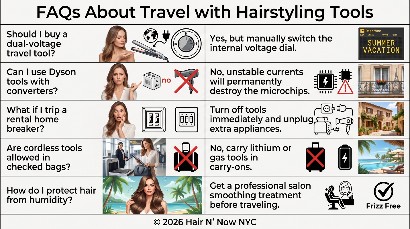 FAQ infographic about travel with hairstyling tools, voltage, converters, breakers, cordless tools, and humidity protection.