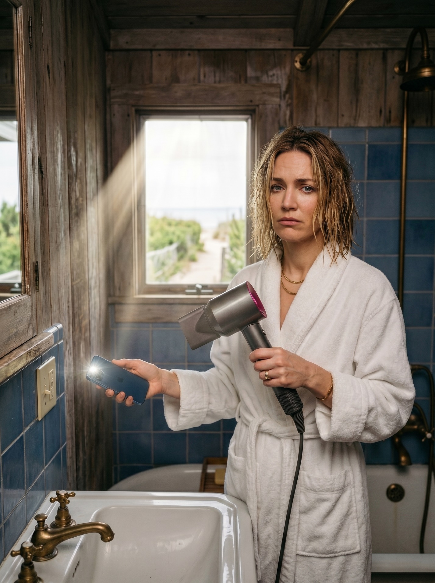 Woman in a rustic Hamptons cottage bathroom holding a hair dryer and phone flashlight after overloading an old circuit.