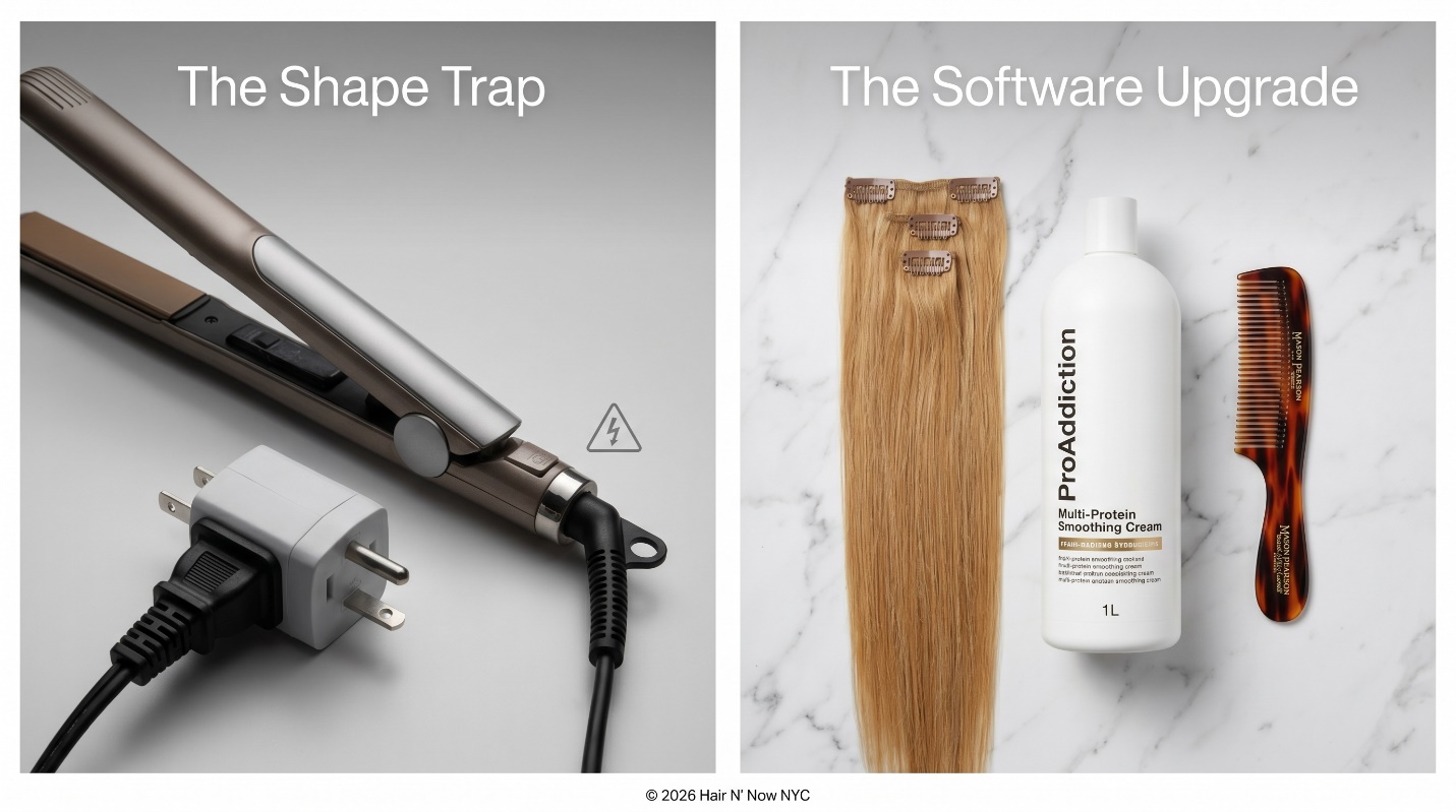 Split image comparing a travel adapter shape trap with a software upgrade of clip-in extensions, smoothing cream, and travel comb.
