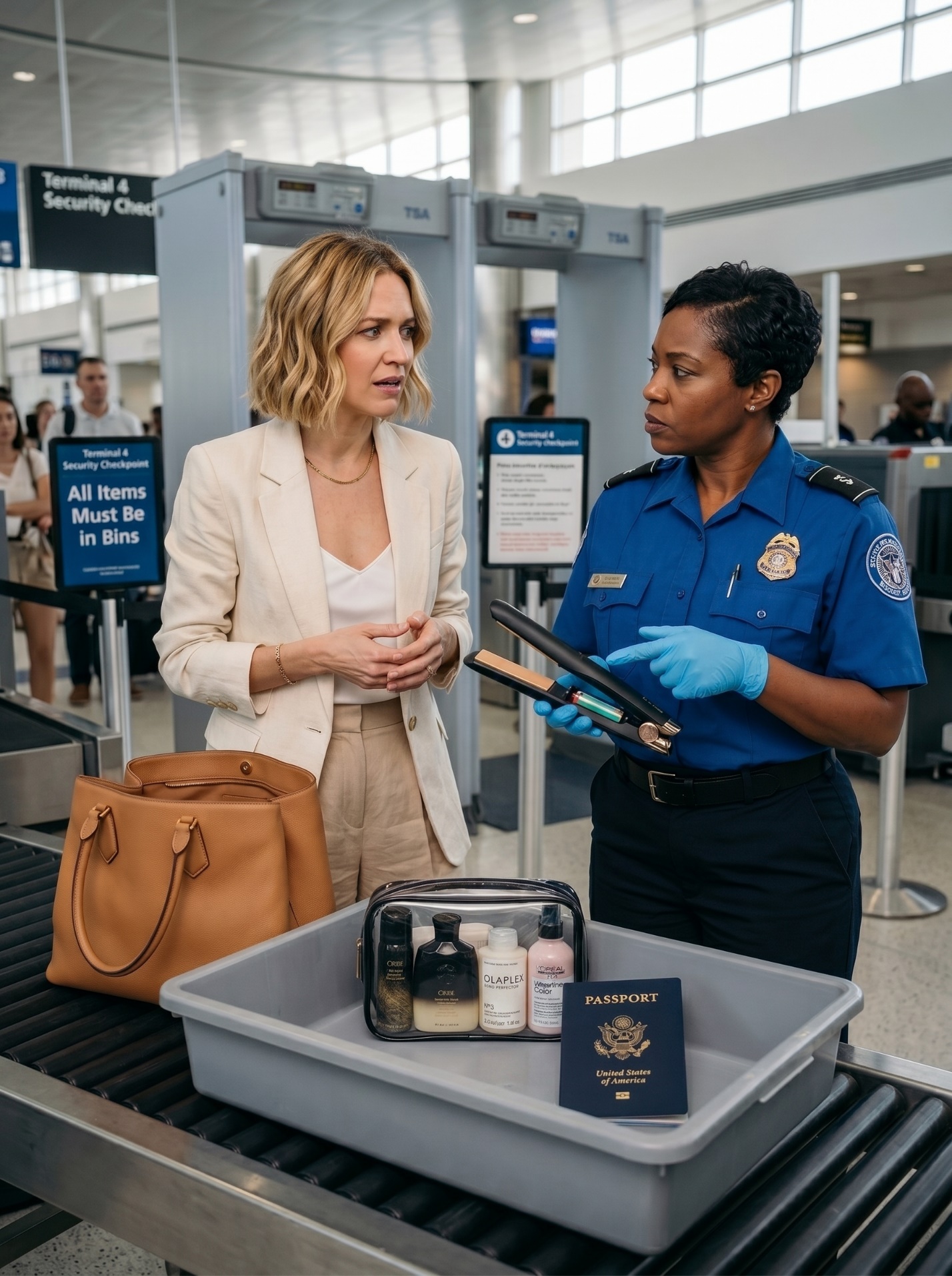 Woman at airport security speaking with a TSA agent about a cordless hairstyling tool in a carry-on bin.