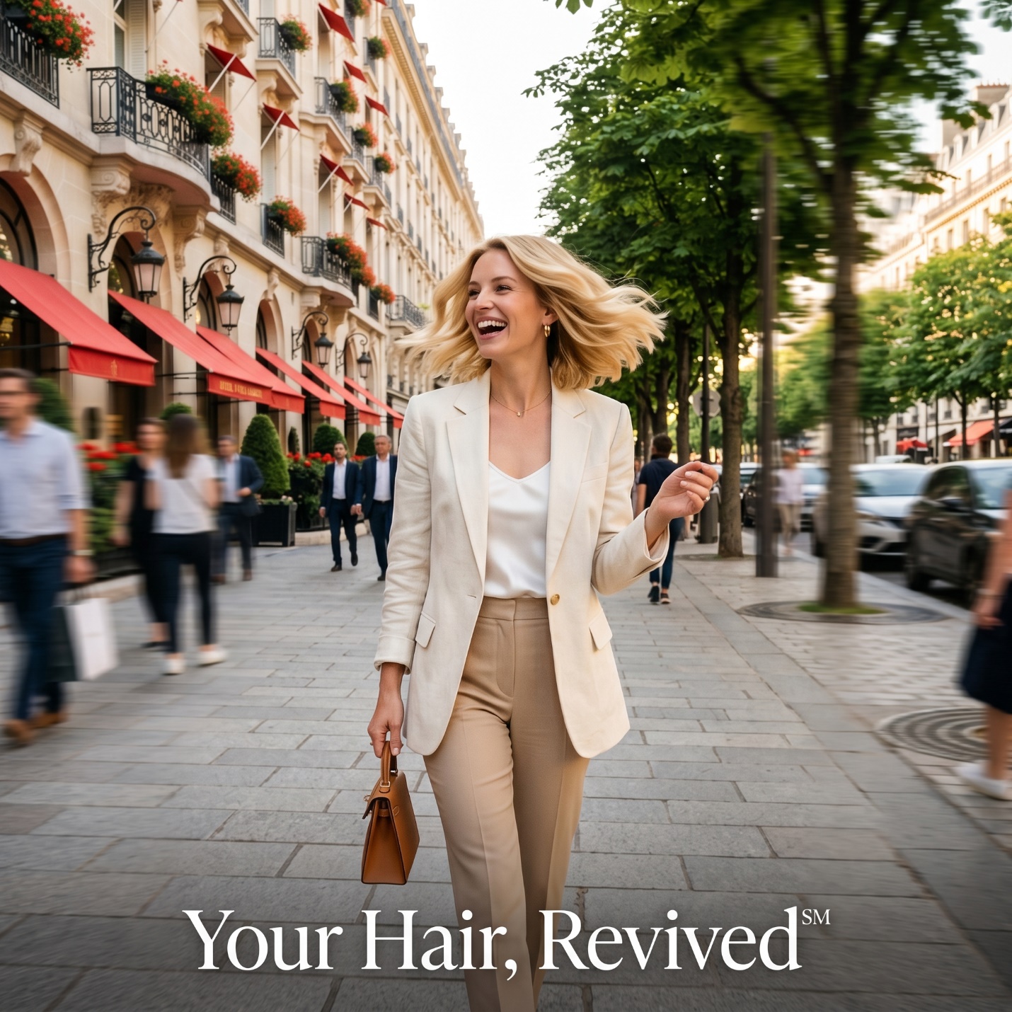 Woman walking down Avenue Montaigne in Paris with smooth travel hair and the Your Hair Revived caption.