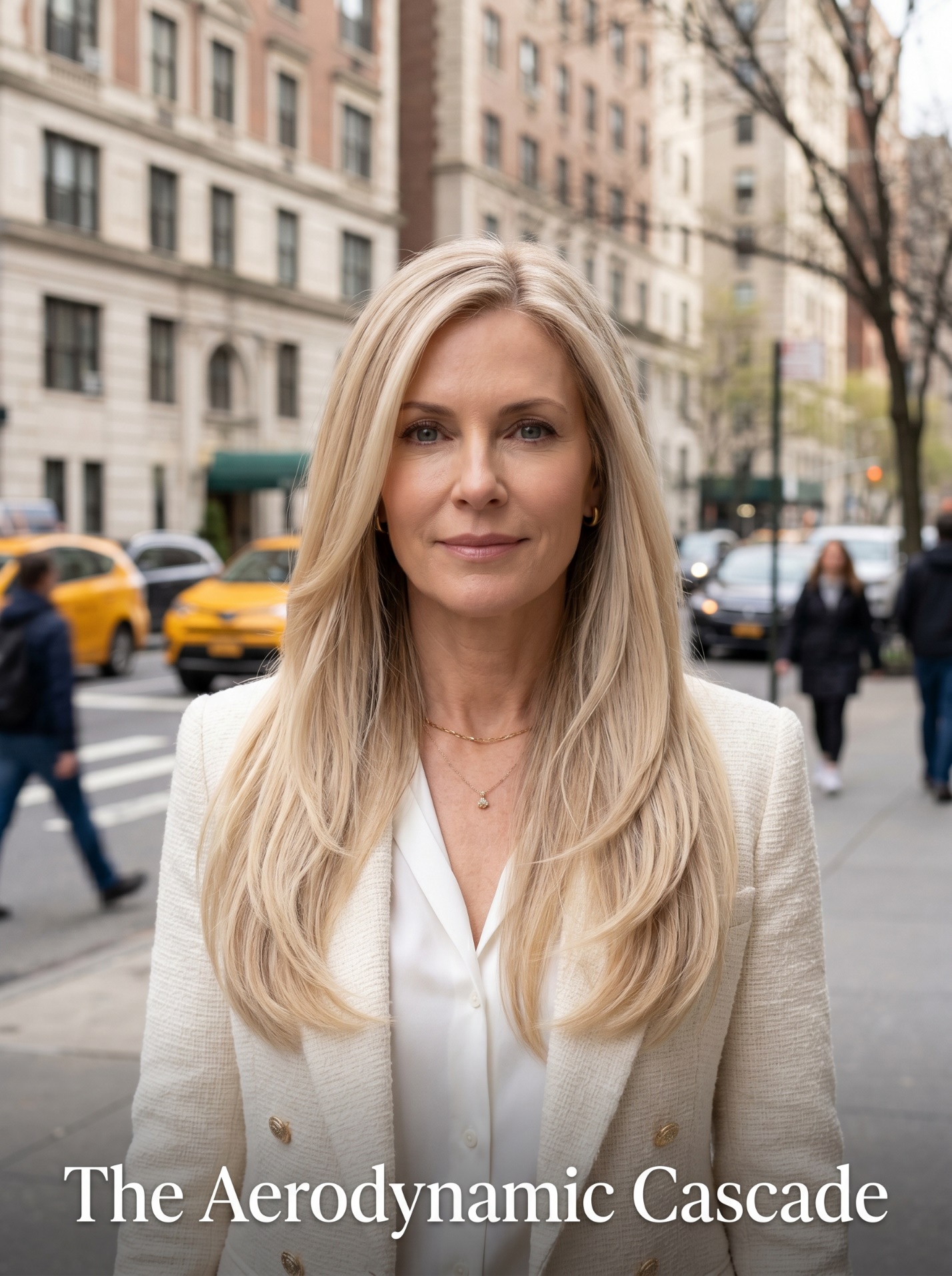 Portrait of a woman with The Aerodynamic Cascade heatless style and long blonde layers in Manhattan.