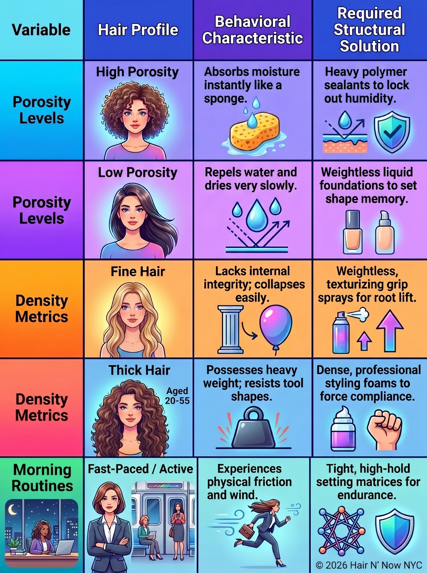 Heatless hair customization infographic comparing porosity, density, behavior, and required structural solution.