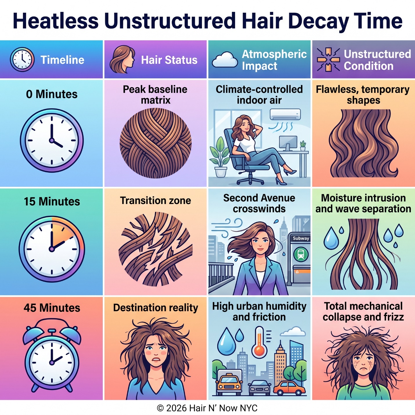 Heatless unstructured hair decay time infographic showing zero, fifteen, and forty-five minute style collapse.