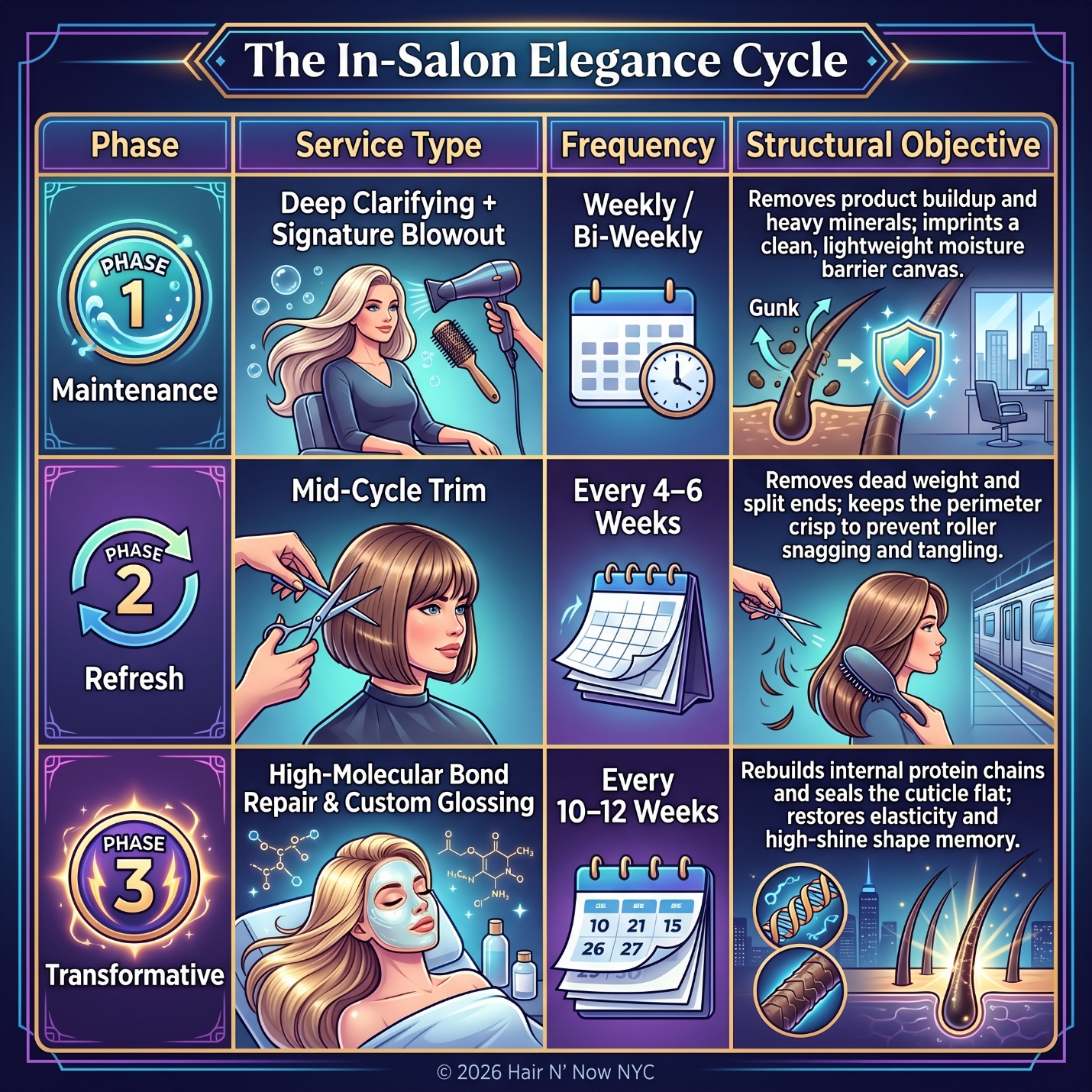 In-Salon Elegance Cycle infographic for heatless styles showing maintenance, refresh, and transformative service phases.