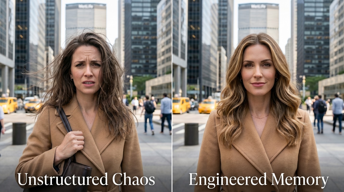 Side-by-side corporate plaza comparison showing unstructured chaos versus engineered memory in a heatless wave style.