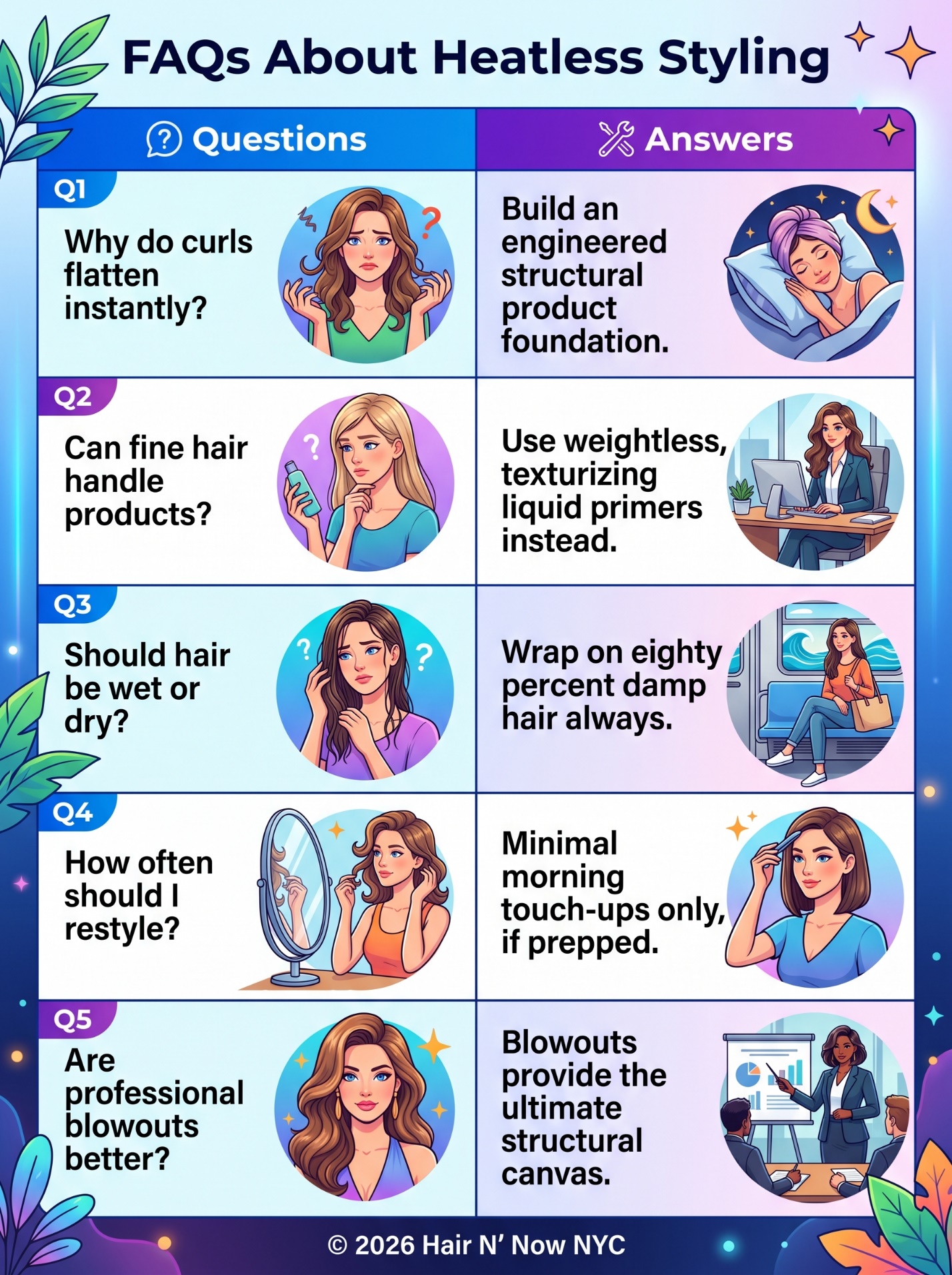 FAQ infographic about heatless styling, fine hair, damp wrapping, restyling, blowouts, and frizz prevention.