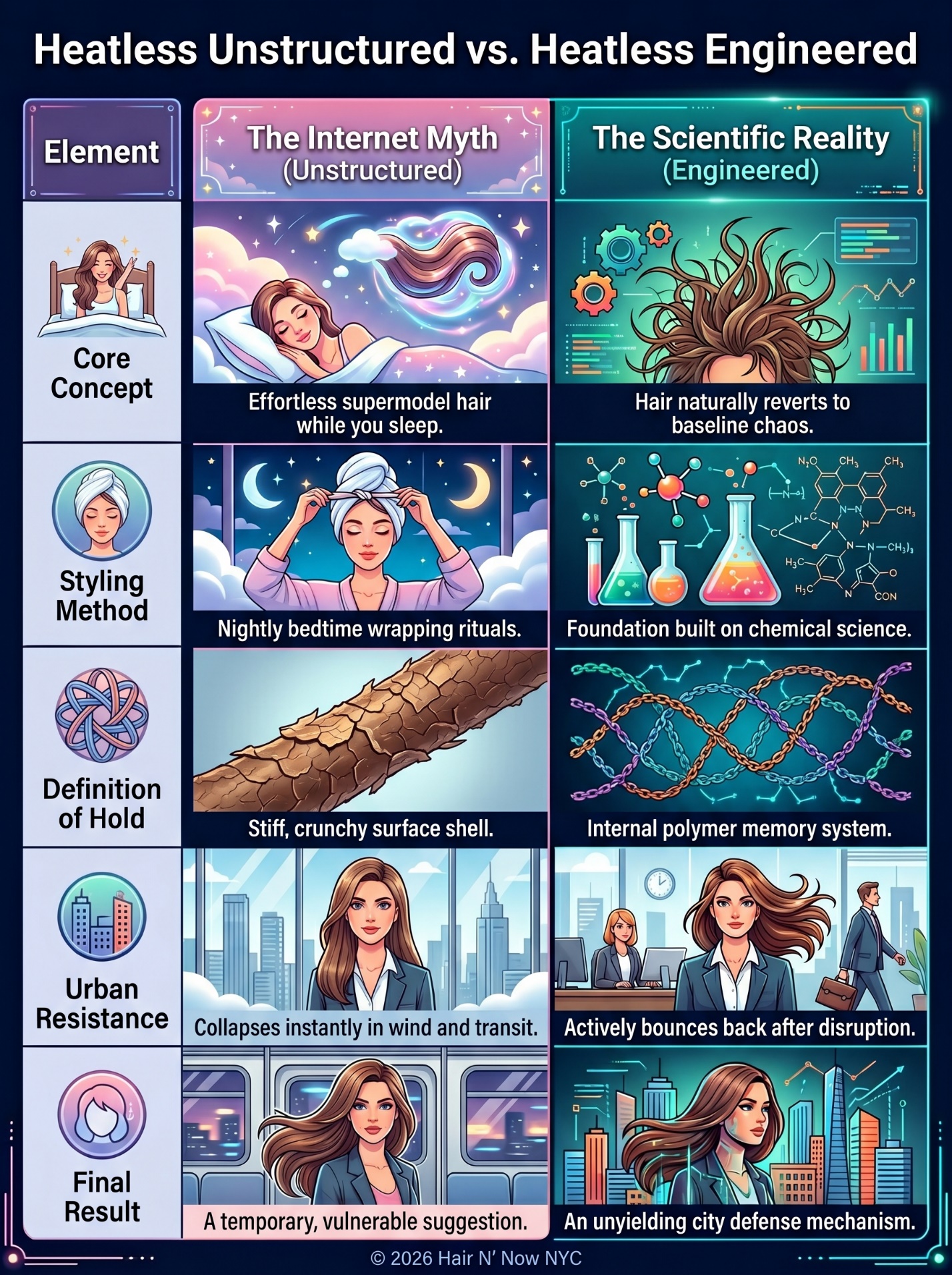 Heatless unstructured versus heatless engineered infographic explaining hair prep, hold, humidity, and structure.