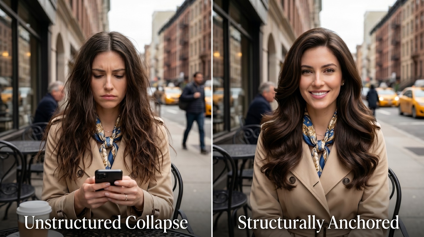Side-by-side Yorkville street comparison showing unstructured heatless hair collapse versus structurally anchored heatless waves.