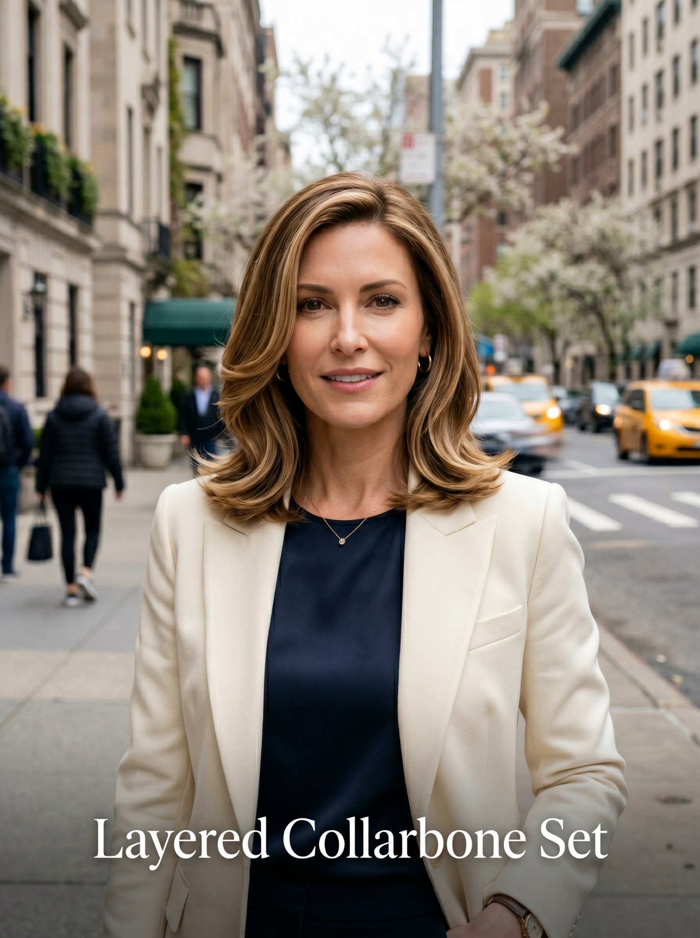 Portrait of a woman with a Layered Collarbone Set heatless style on a Manhattan street.