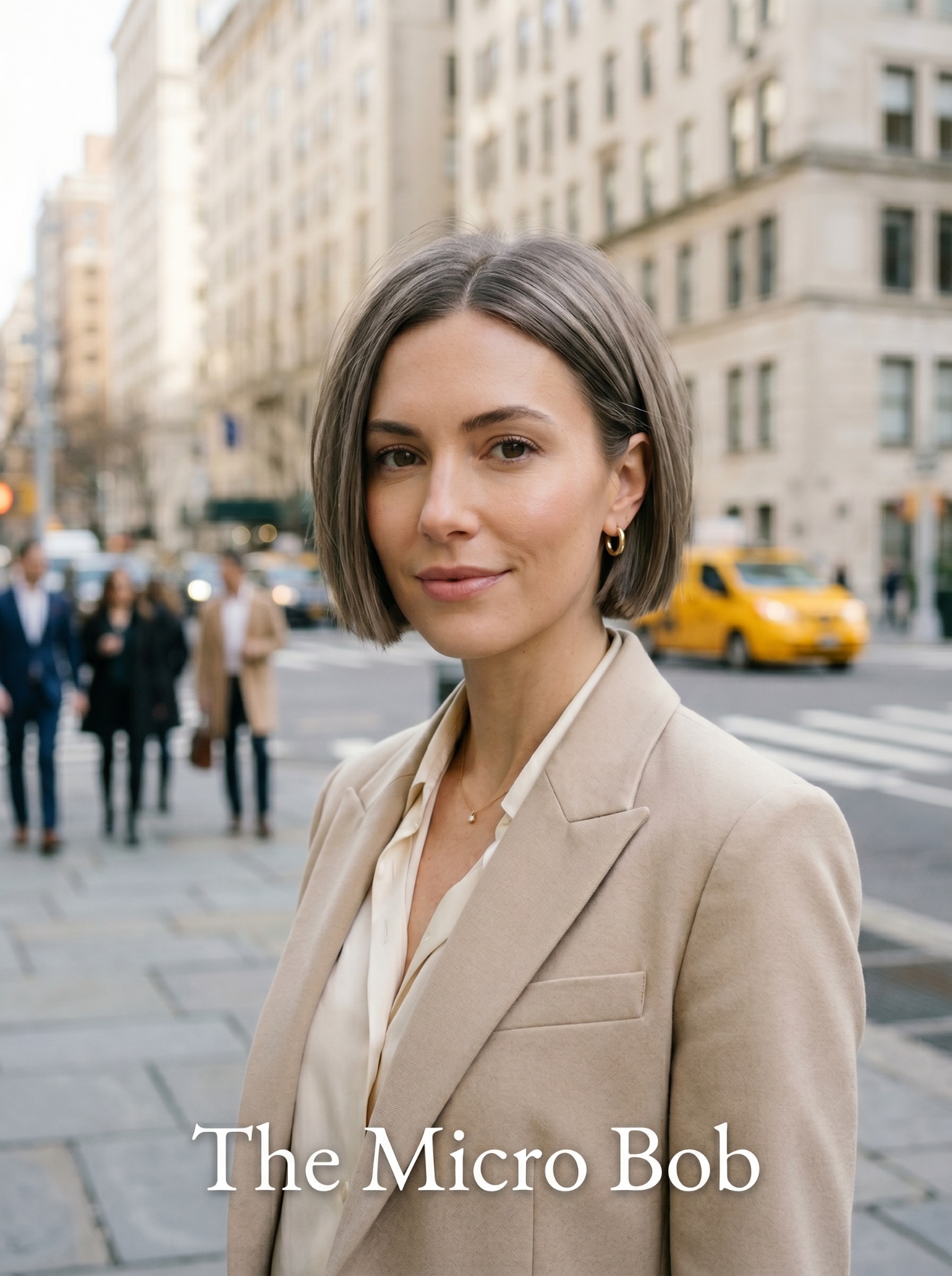 Portrait of a woman with The Micro Bob heatless style on a Manhattan street.