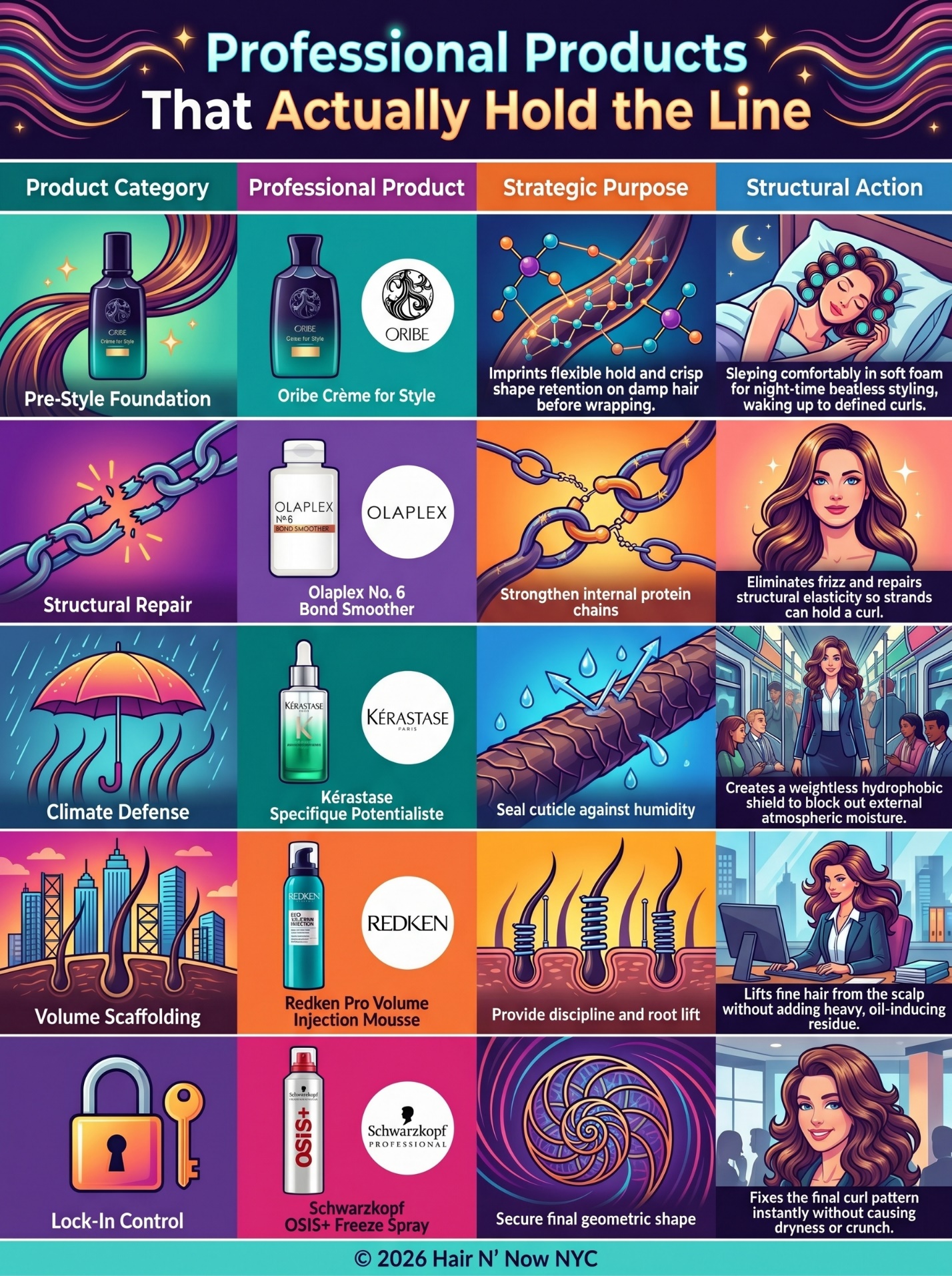 Professional products infographic for heatless styling with primers, sprays, bond repair, glossing, and humidity defense.