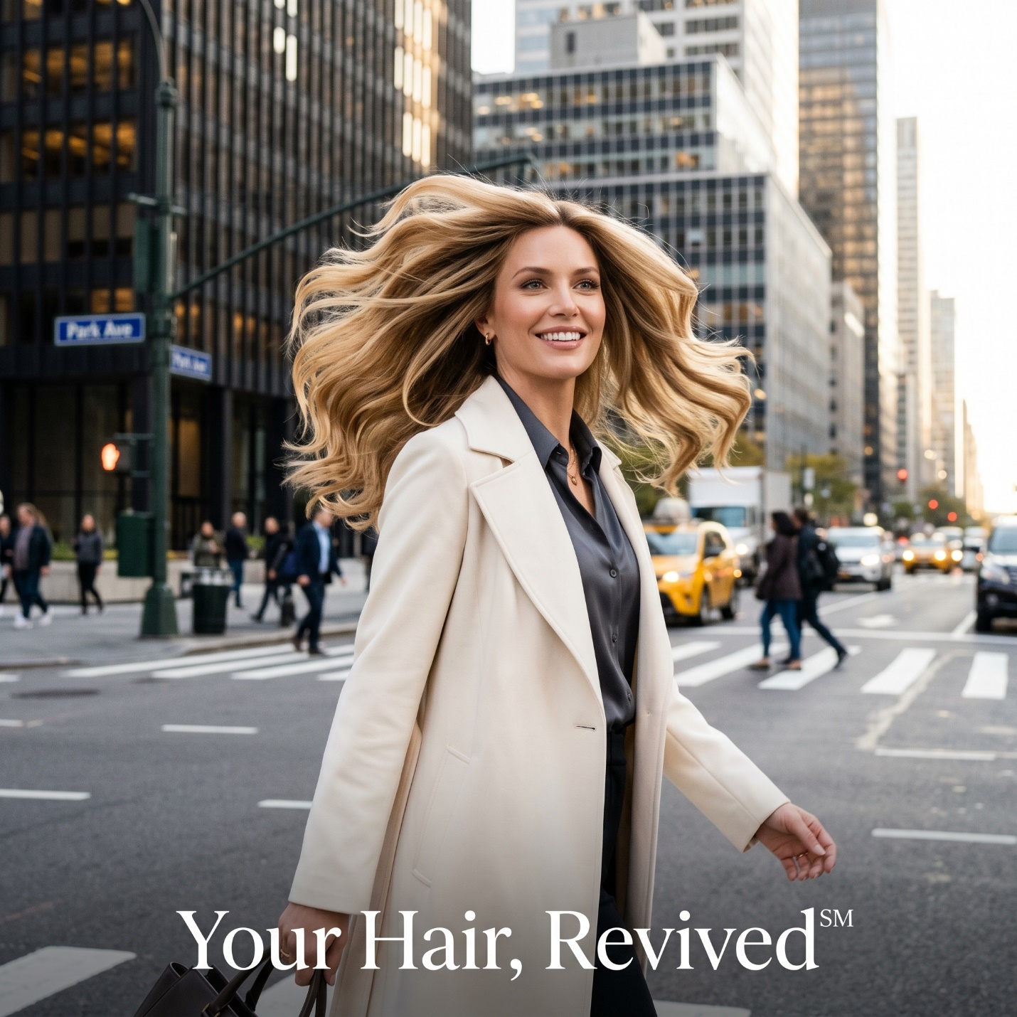 Woman walking in Manhattan with structured heatless waves and the Your Hair Revived caption.