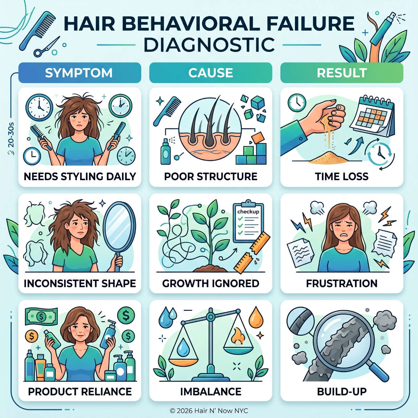 Hair behavioral failure diagnostic infographic showing styling difficulty, poor structure, time loss, inconsistent shape, growth ignored, frustration, product reliance, imbalance, and buildup.