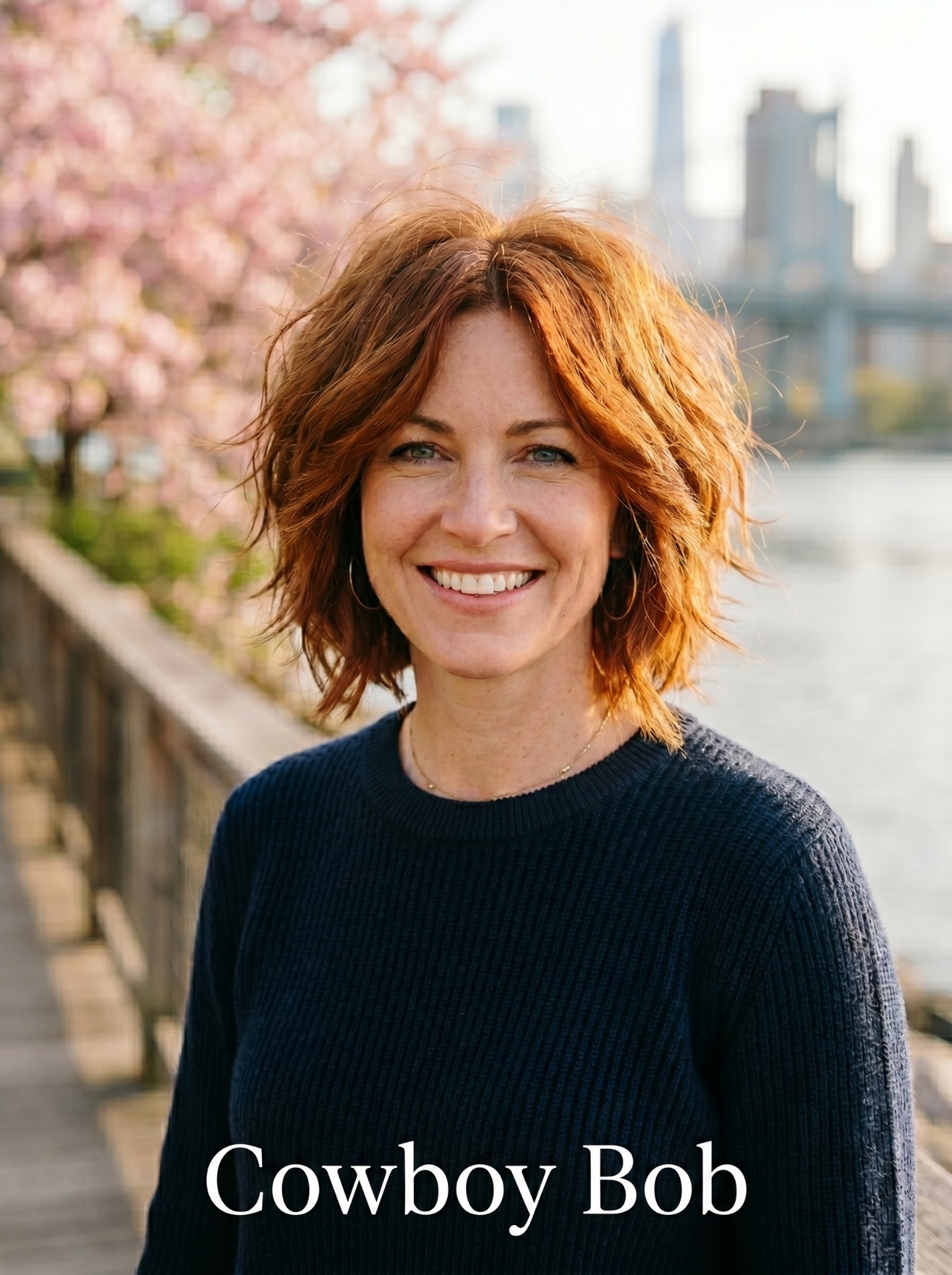 Portrait of a woman with a Cowboy Bob style short haircut on the Carl Schurz Park boardwalk in Yorkville.